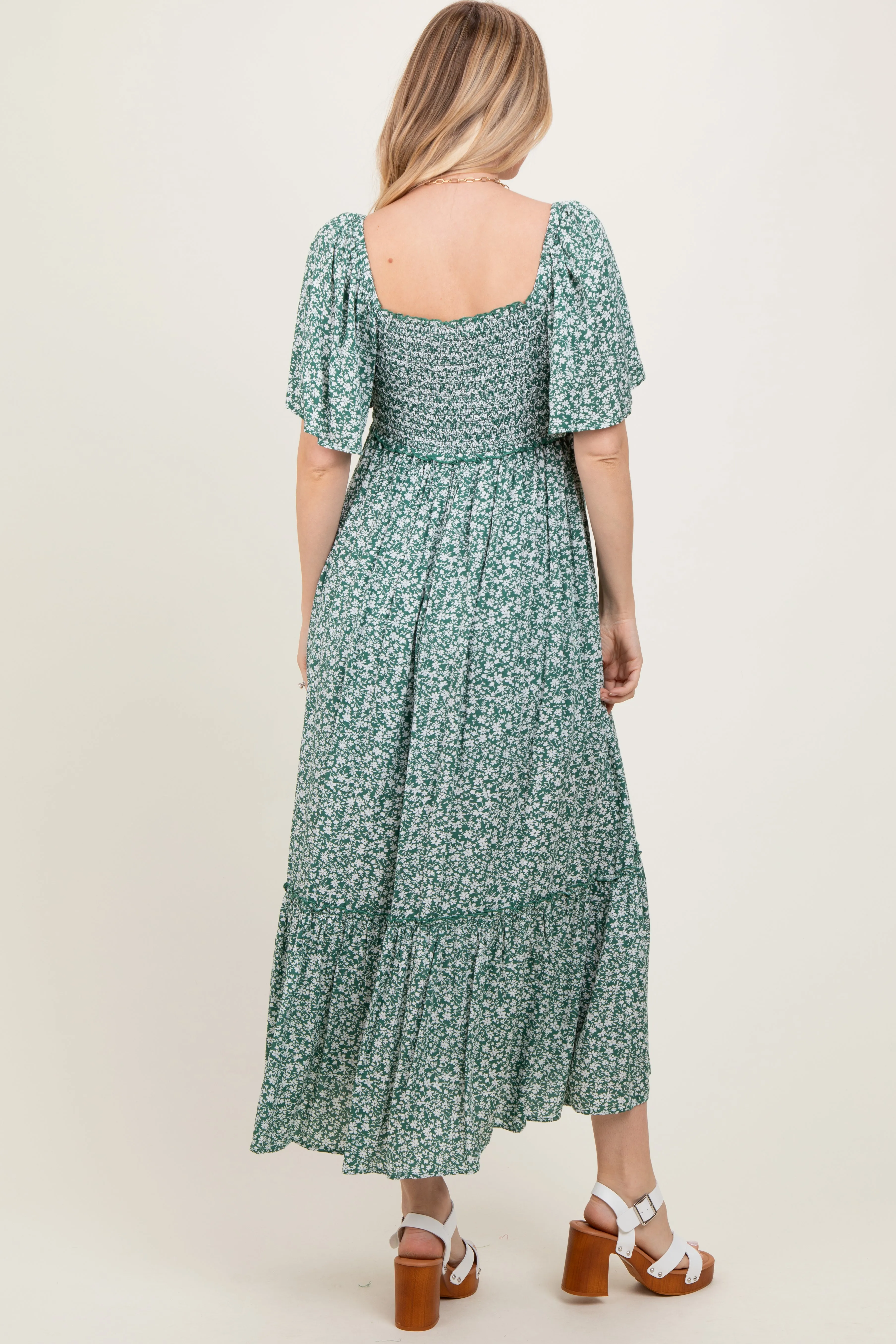 Green Smocked Button Down Flutter Sleeve Maxi Dress sold by Pinkblush product image thumbnail 4