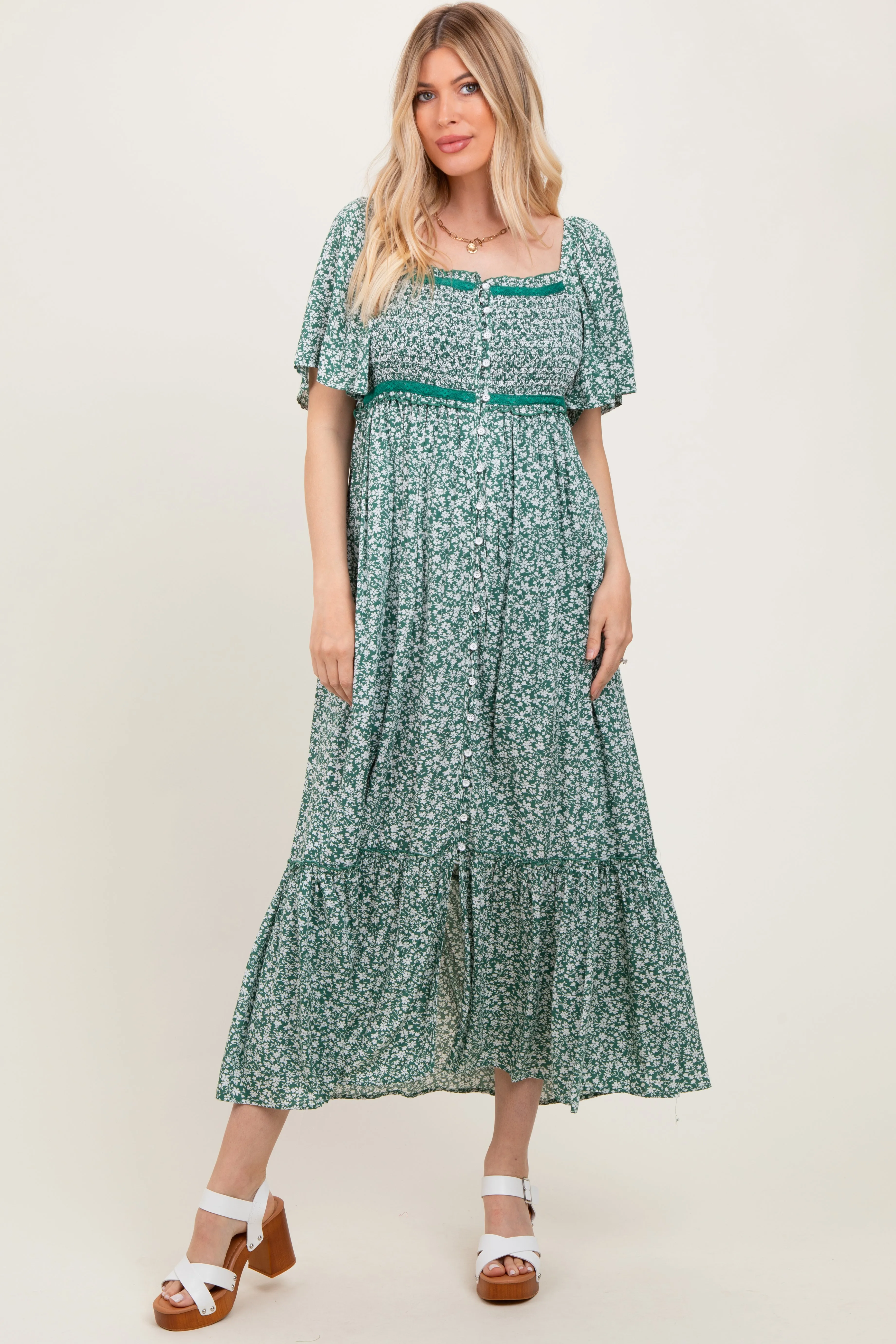 Green Smocked Button Down Flutter Sleeve Maxi Dress sold by Pinkblush