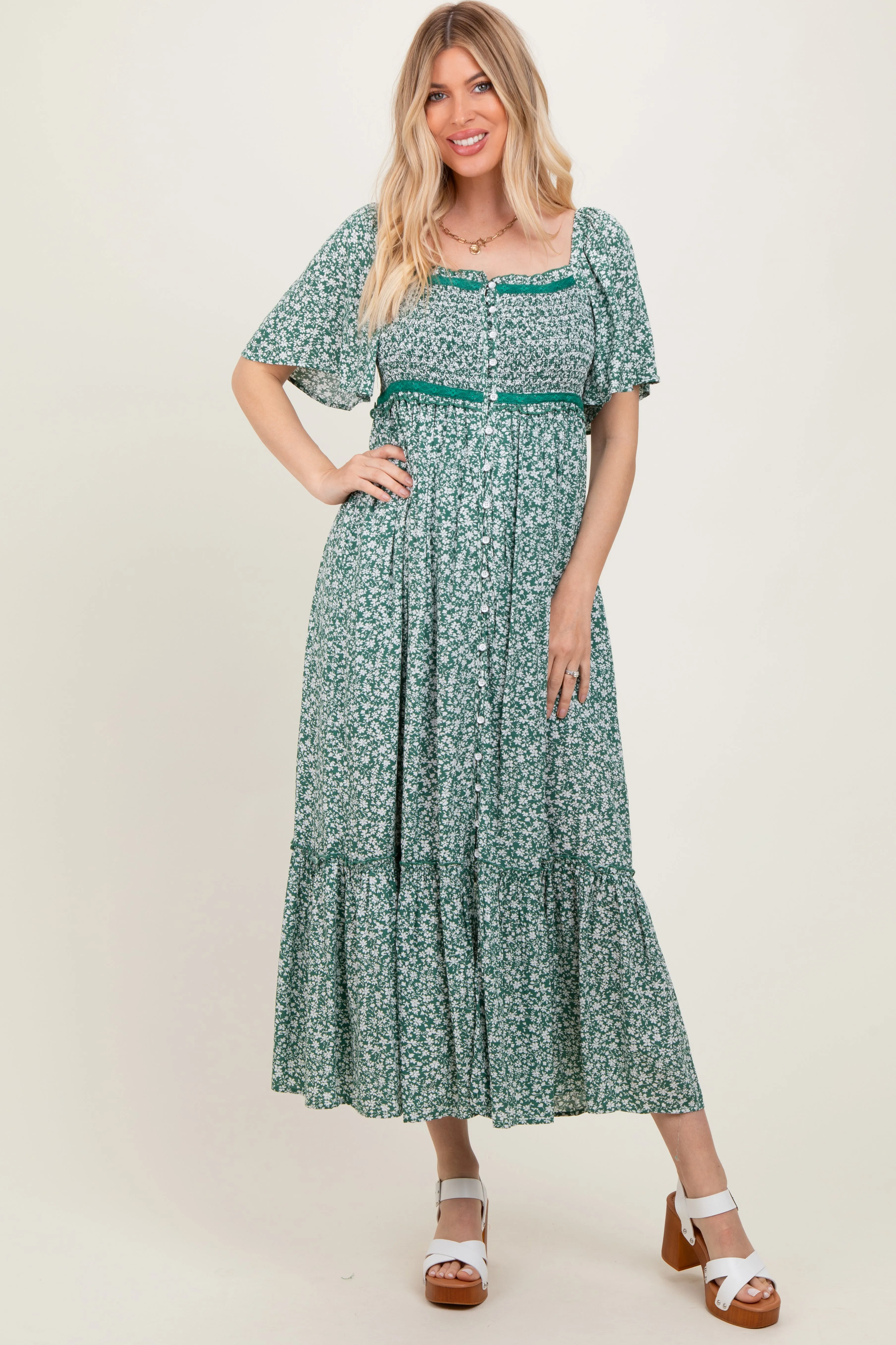 Green Smocked Button Down Flutter Sleeve Maxi Dress sold by Pinkblush product image thumbnail 2