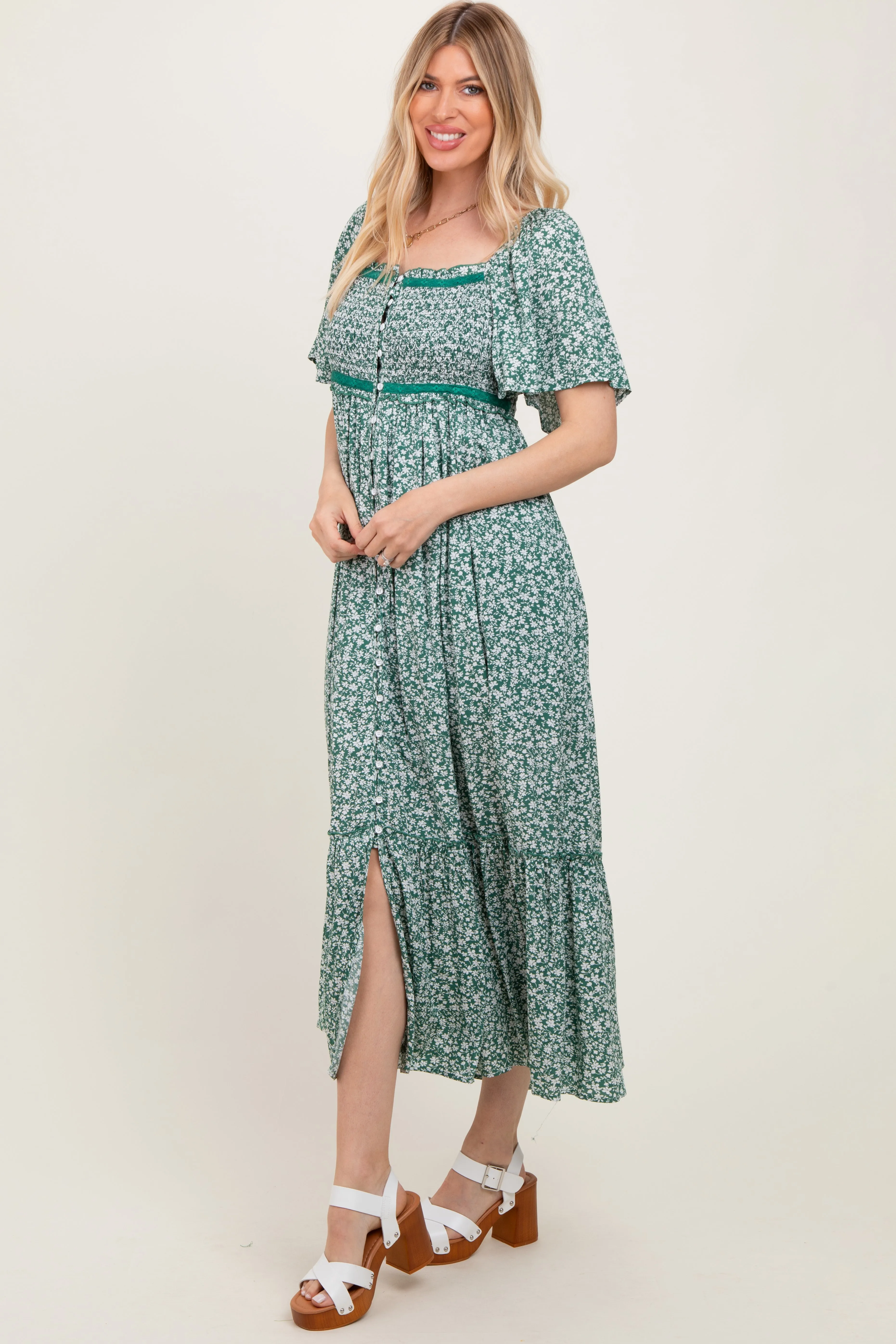 Green Smocked Button Down Flutter Sleeve Maxi Dress sold by Pinkblush product image thumbnail 3
