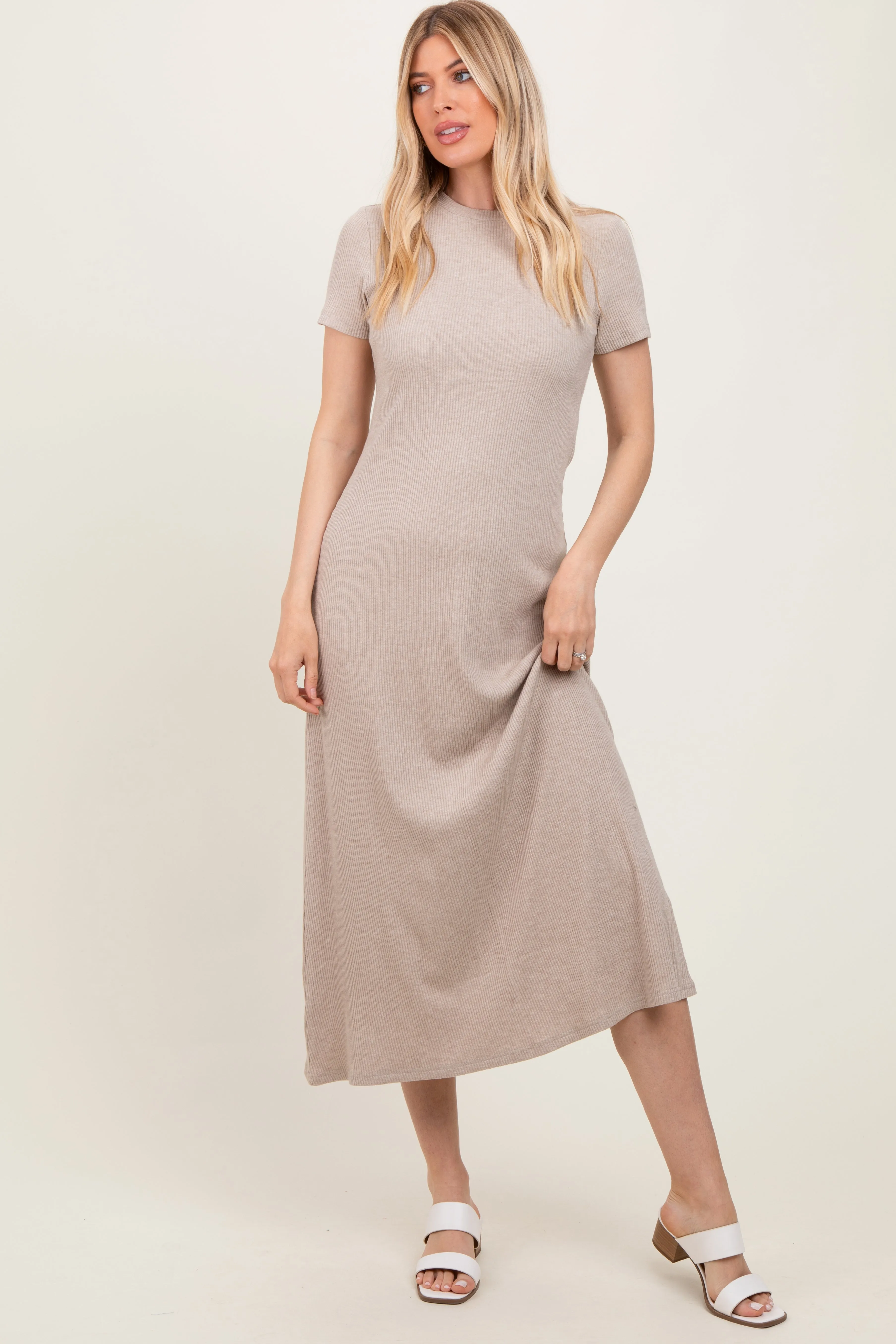 Beige Ribbed Short Sleeve Midi Dress sold by Pinkblush product image thumbnail 2