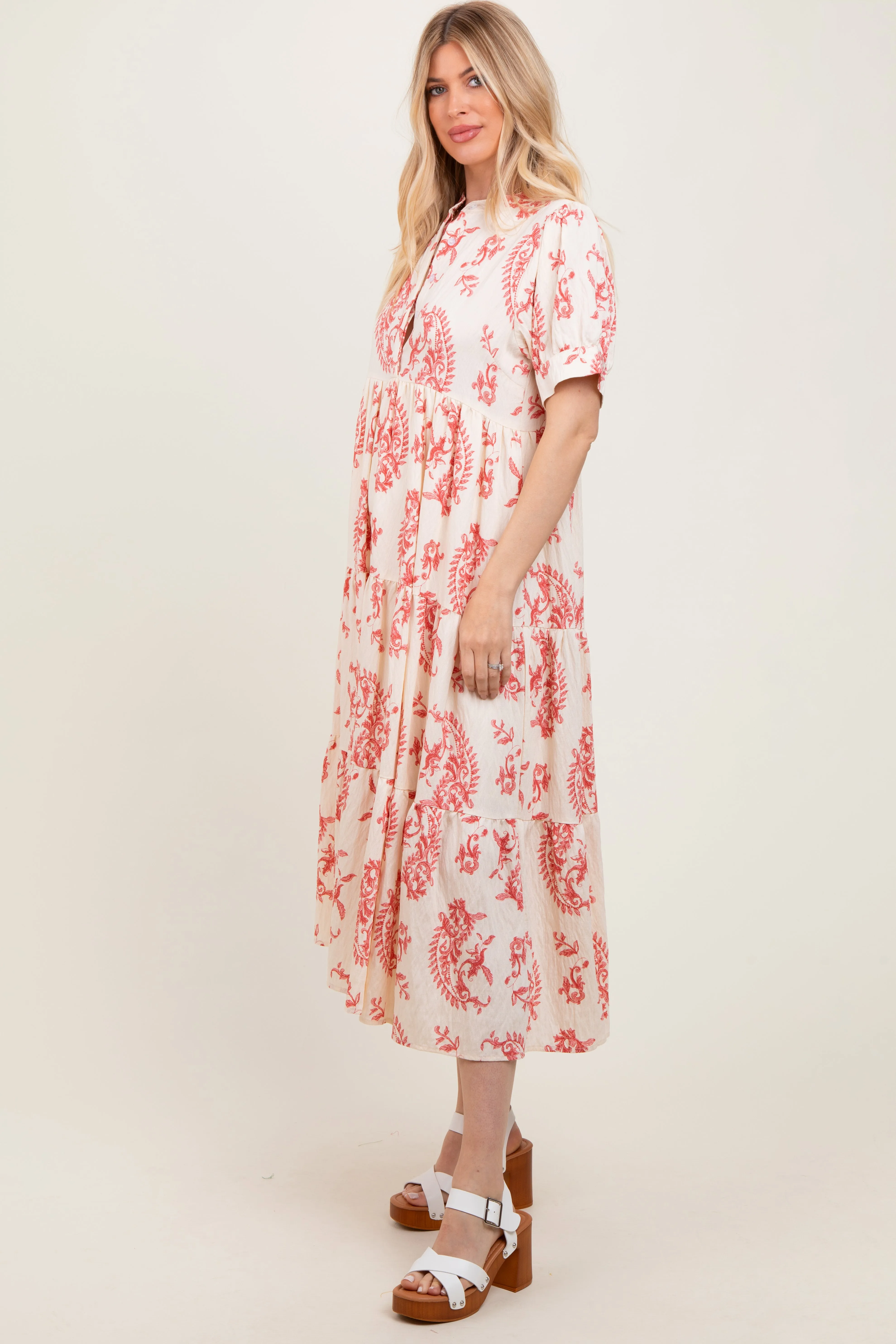 Red Paisley Button Up Tiered Maxi Dress sold by Pinkblush product image thumbnail 2