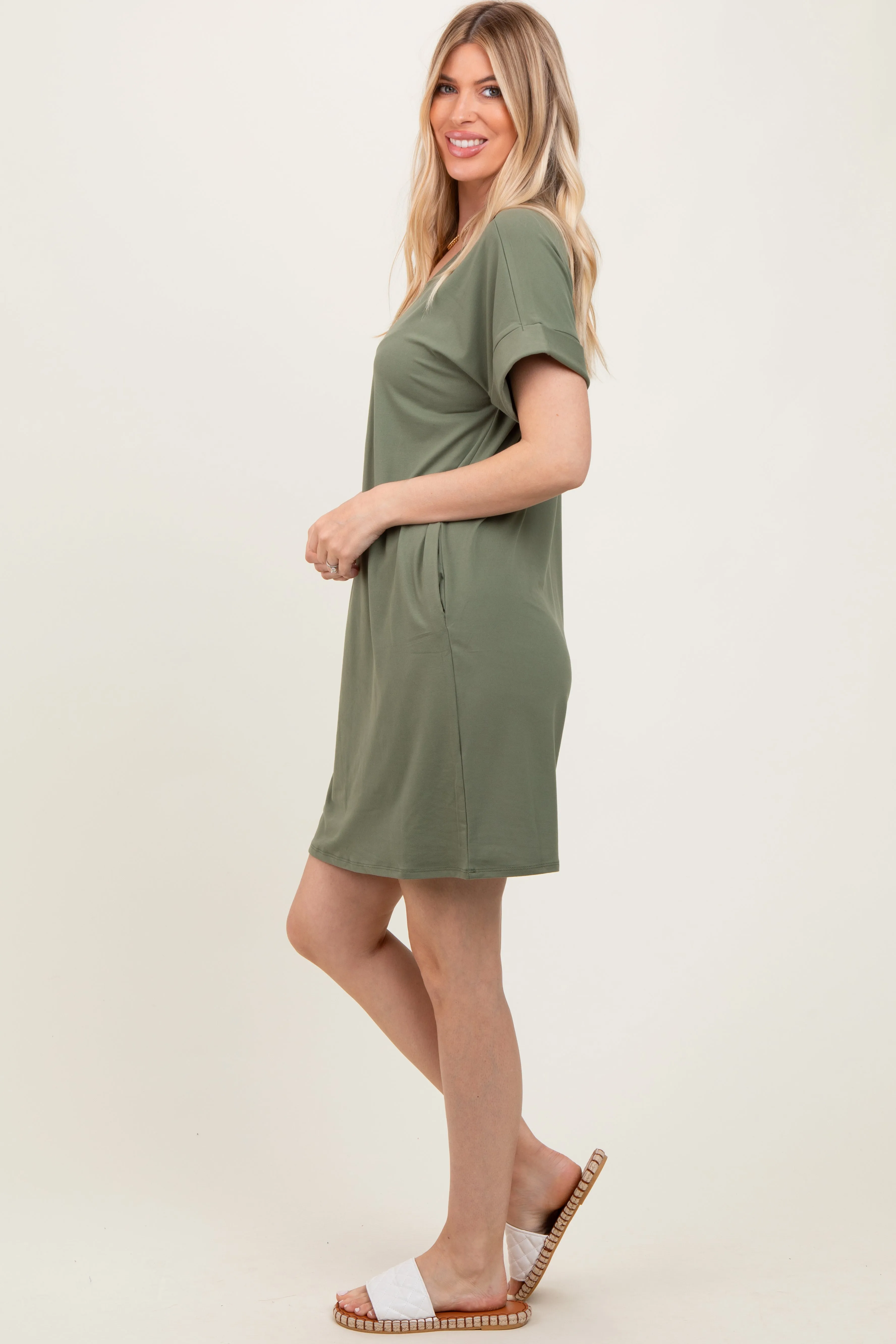 Light Olive Brushed Rolled Short Sleeve V-Neck Dress sold by Pinkblush product image thumbnail 3