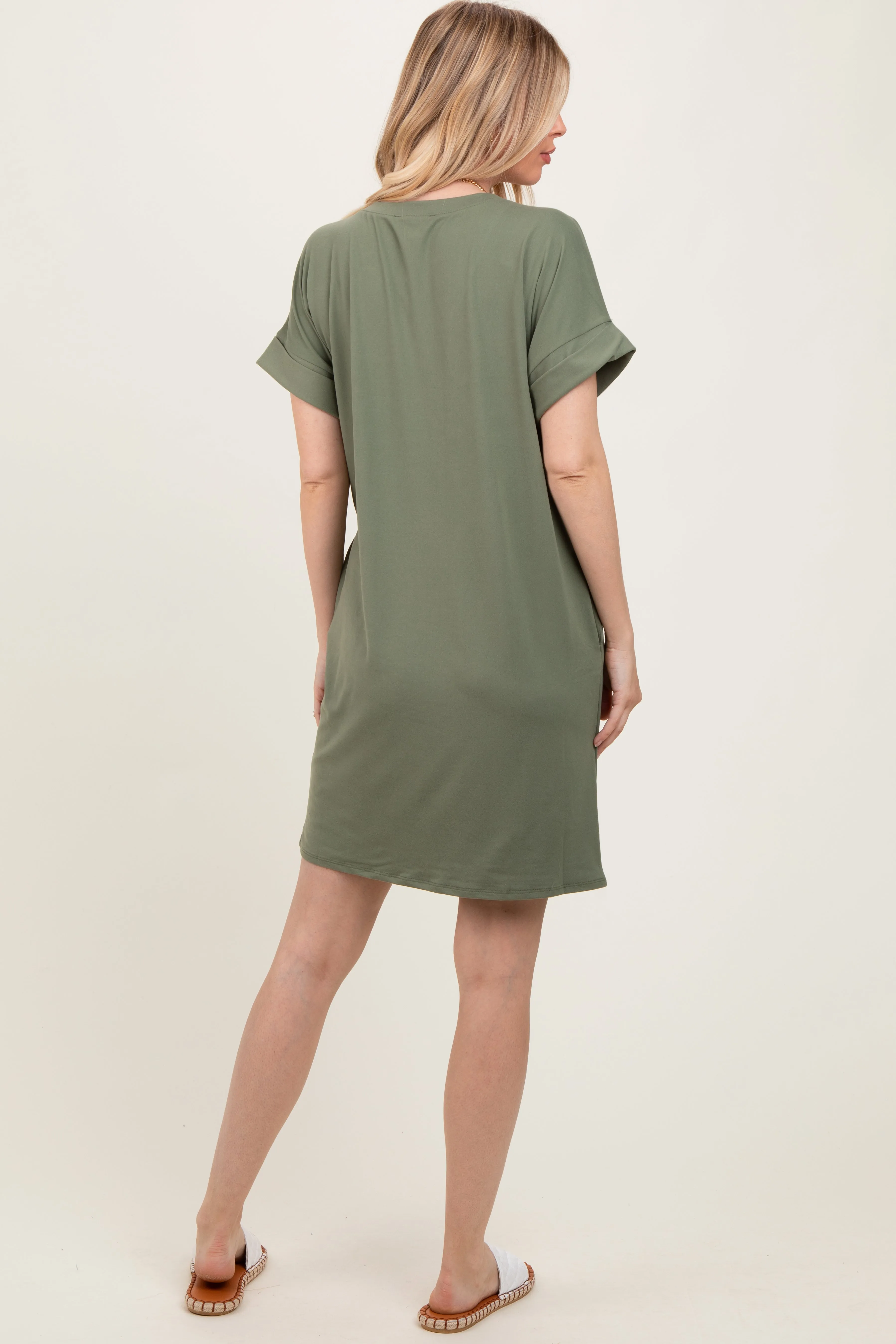 Light Olive Brushed Rolled Short Sleeve V-Neck Dress sold by Pinkblush product image thumbnail 4