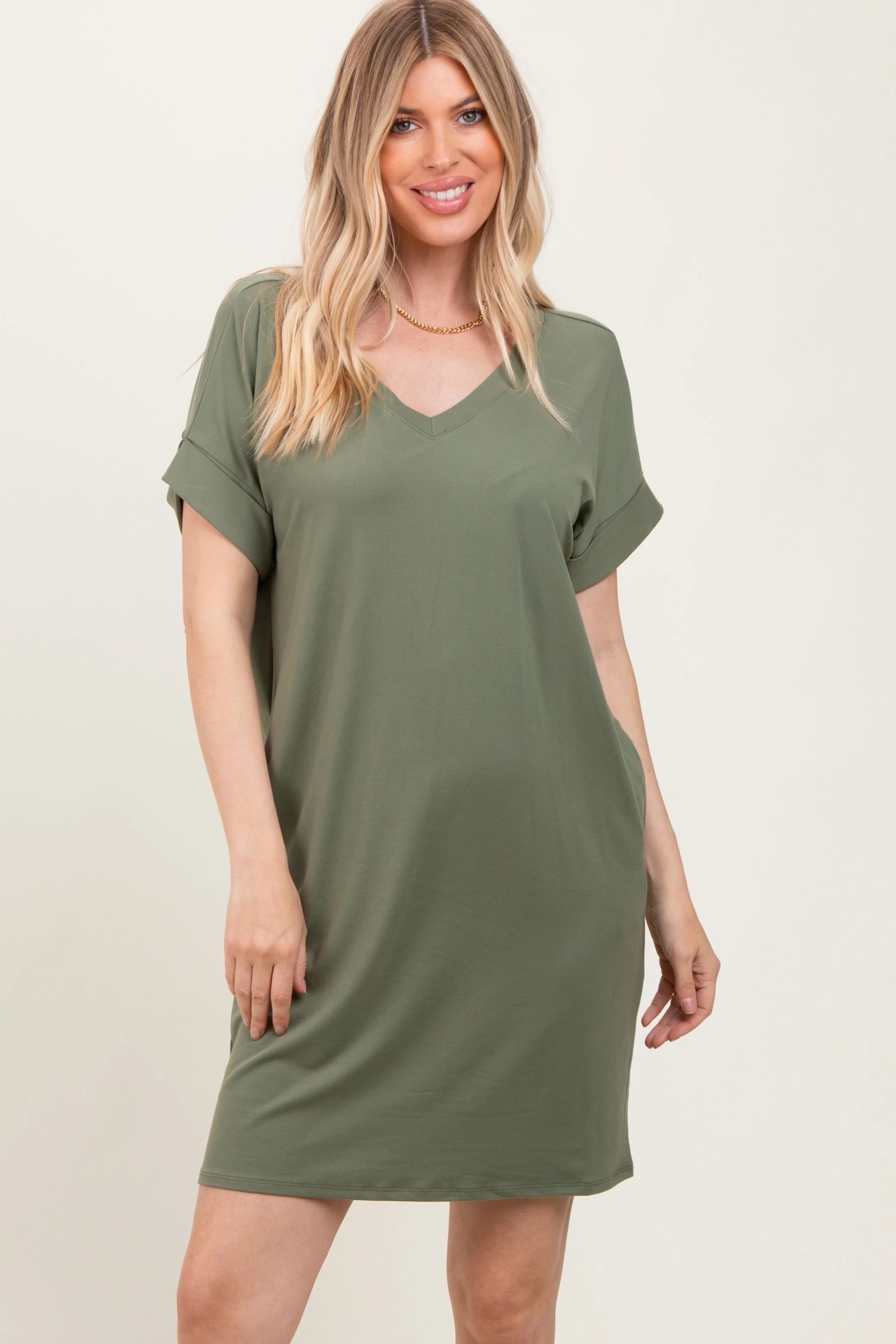 Light Olive Brushed Rolled Short Sleeve V-Neck Dress sold by Pinkblush
