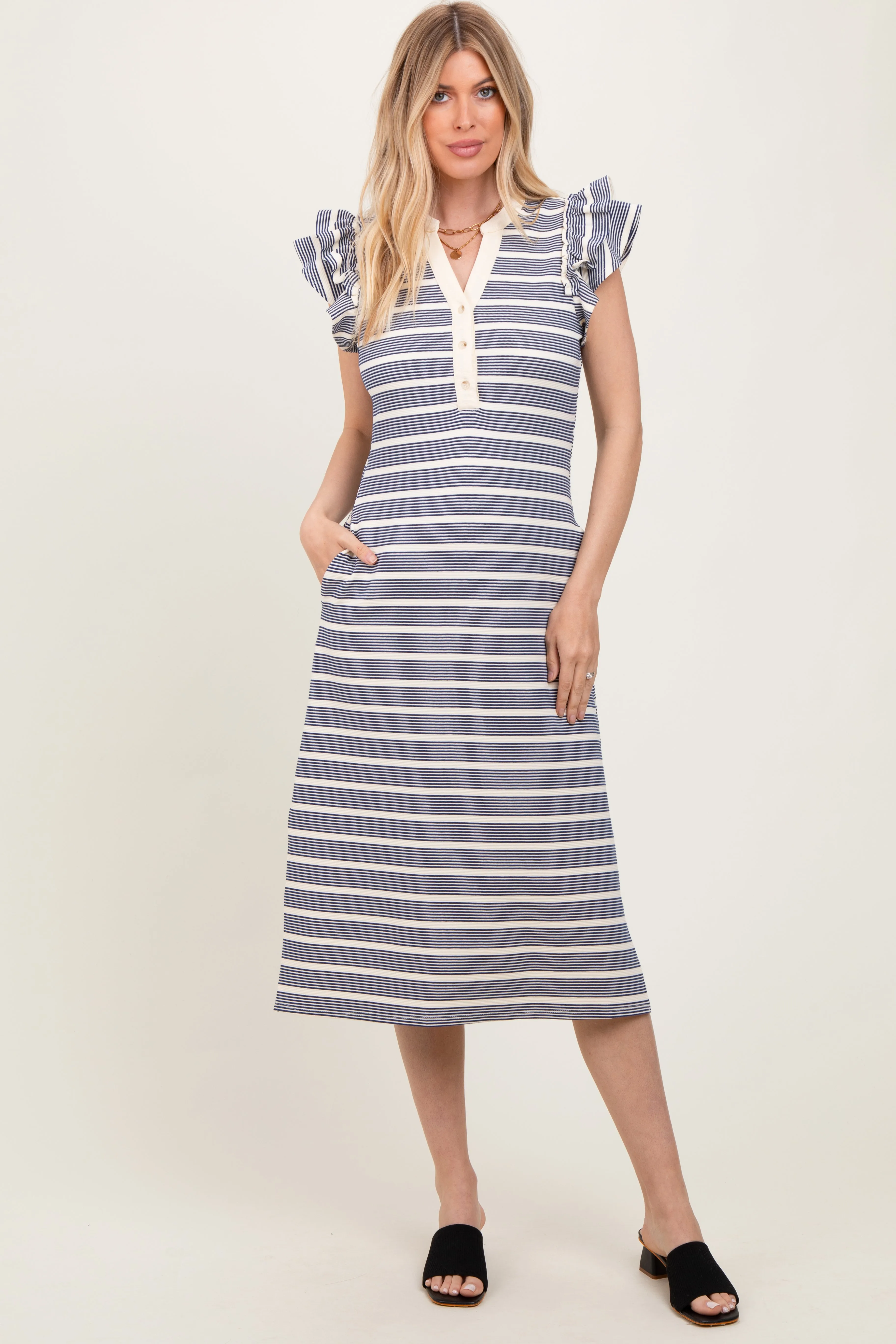 Navy Multi-Striped Button Up Ruffle Sleeve Midi Dress sold by Pinkblush