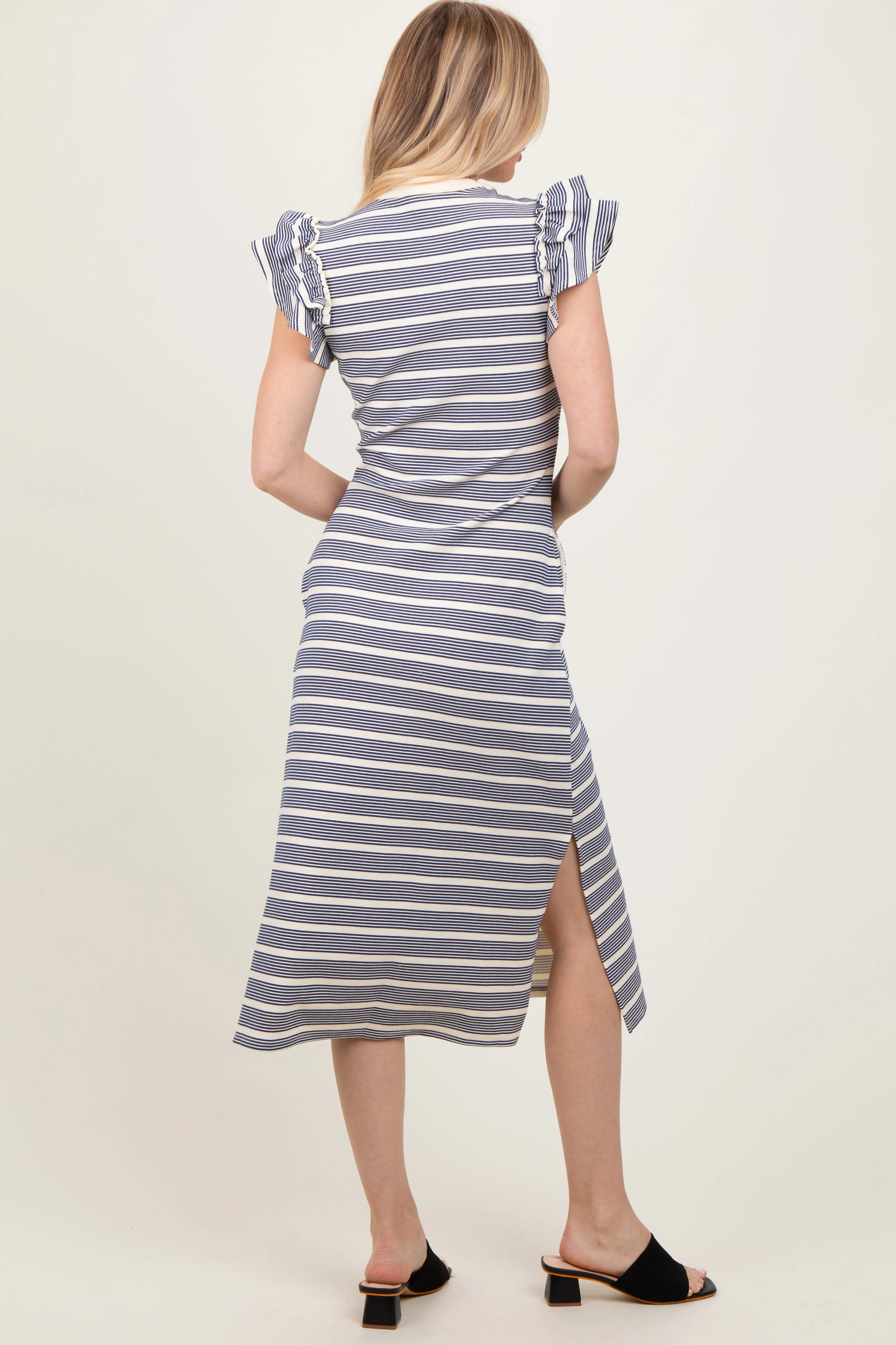 Navy Multi-Striped Button Up Ruffle Sleeve Midi Dress sold by Pinkblush product image thumbnail 3