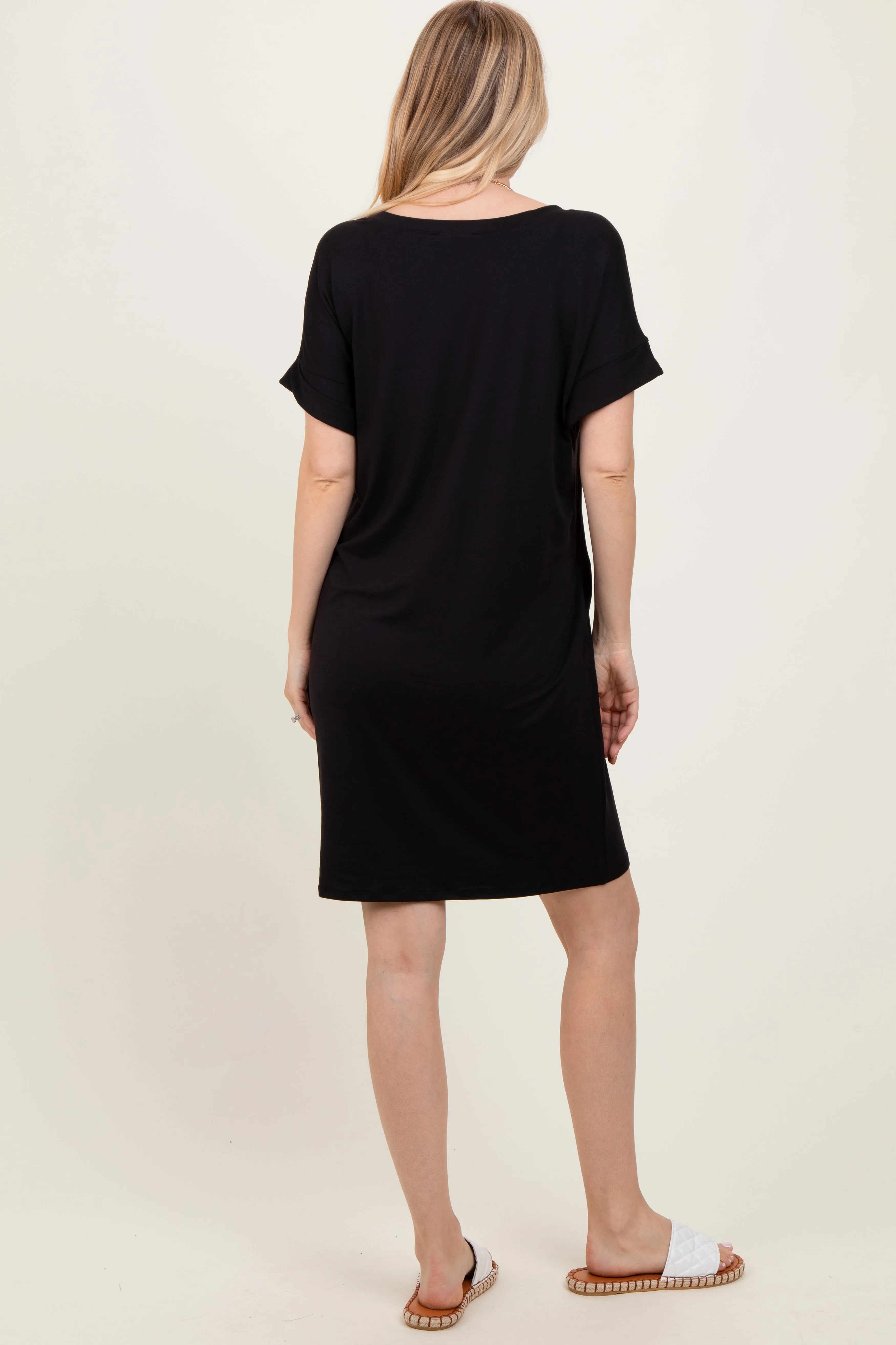 Black Brushed Rolled Short Sleeve V-Neck Dress sold by Pinkblush product image thumbnail 4