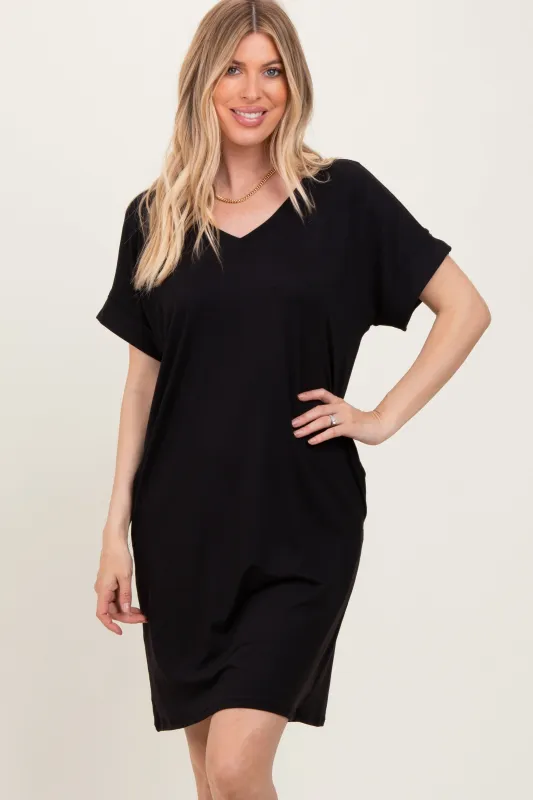 Black Brushed Rolled Short Sleeve V-Neck Dress sold by Pinkblush