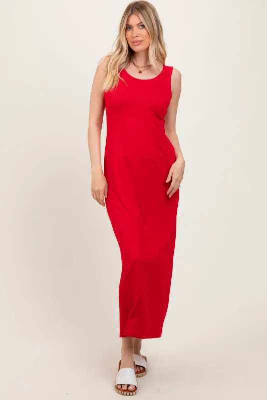 Red Sleeveless Flared Scoop Neck Maxi Dress sold by Pinkblush