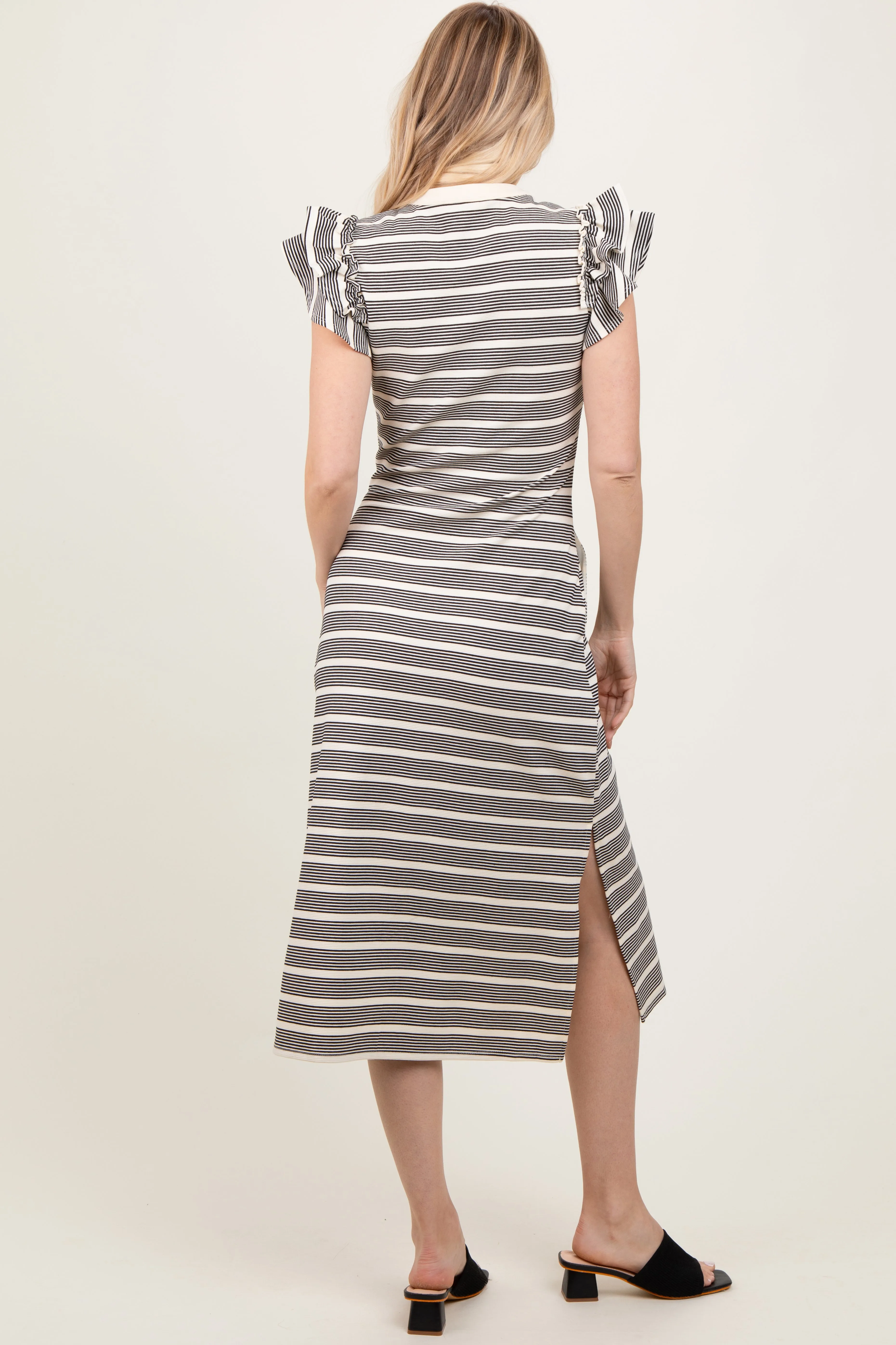 Black Multi-Striped Button Up Ruffle Sleeve Midi Dress sold by Pinkblush product image thumbnail 2