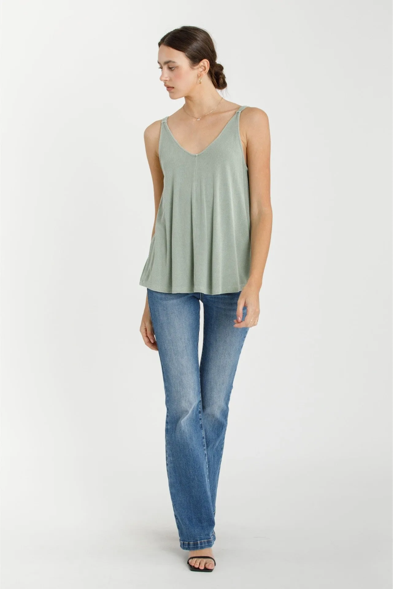 Light Olive Ribbed V-Neck Flowy Tank sold by Pinkblush product image thumbnail 2