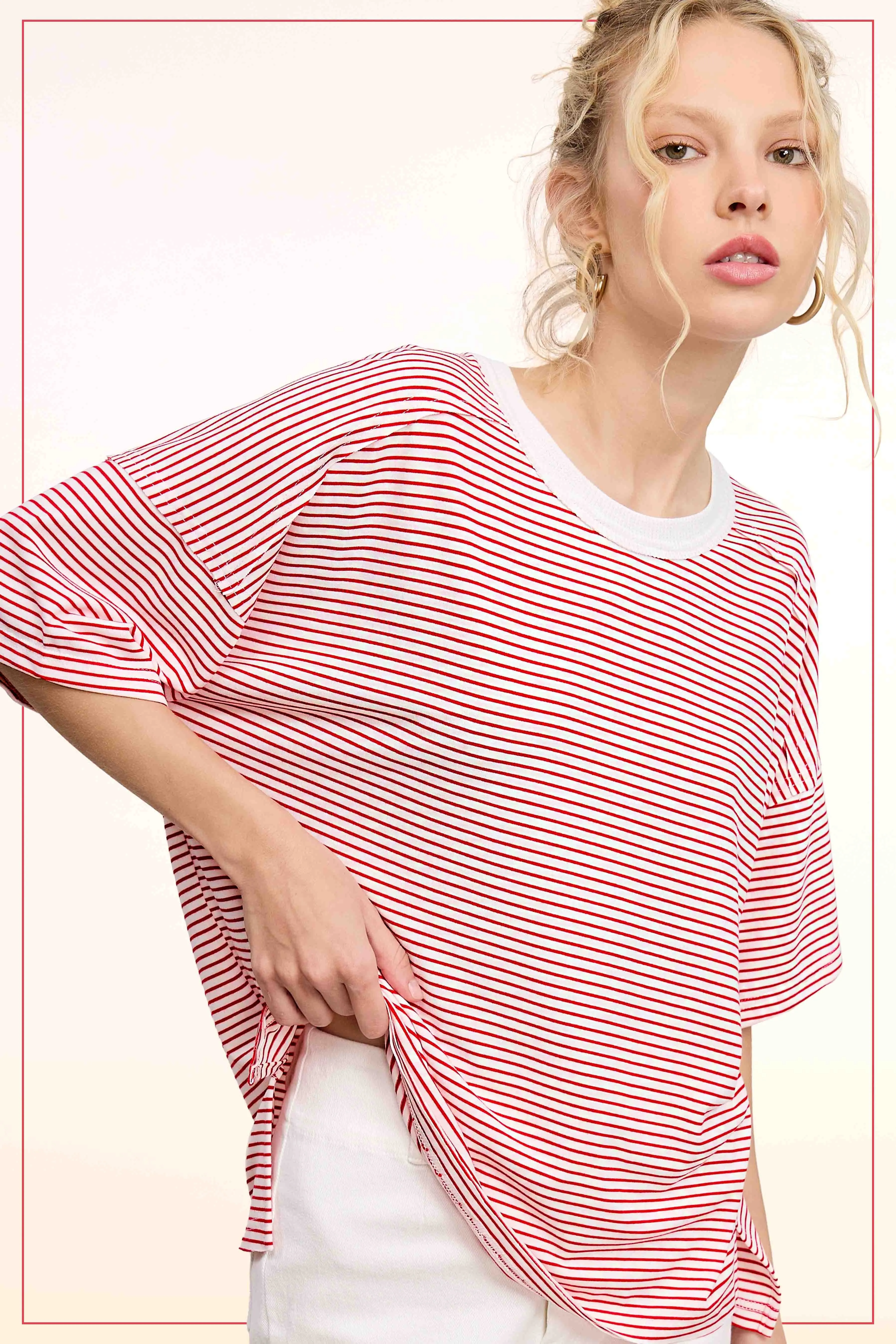 Red Striped Drop Shoulder Short Sleeve Maternity Top sold by Pinkblush product image thumbnail 3