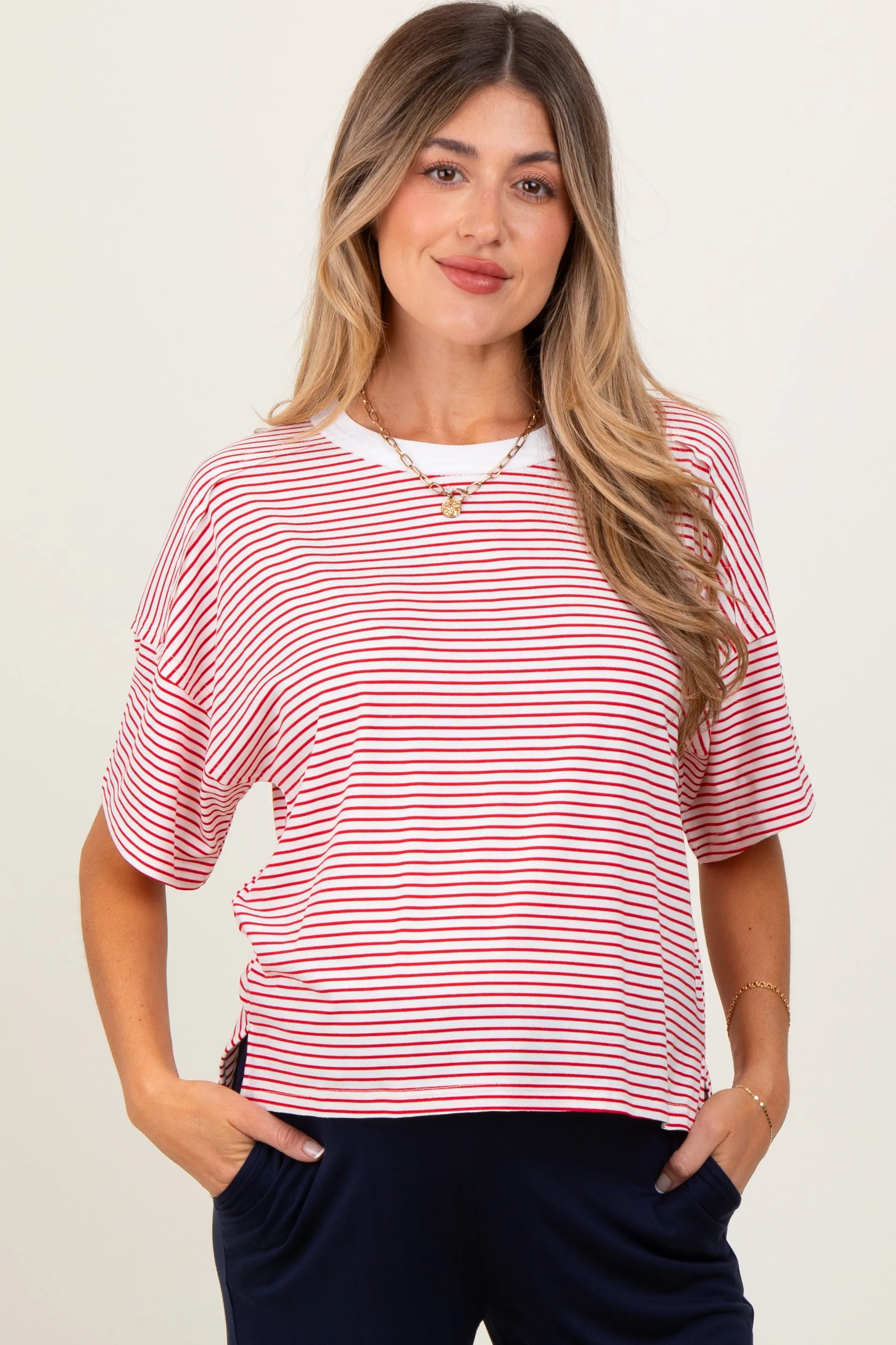 Red Striped Drop Shoulder Short Sleeve Maternity Top sold by Pinkblush
