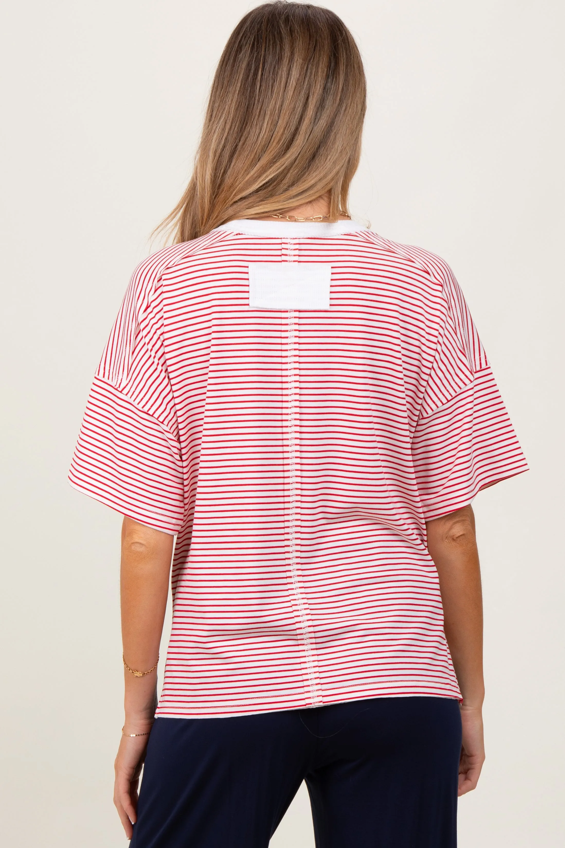 Red Striped Drop Shoulder Short Sleeve Maternity Top sold by Pinkblush product image thumbnail 2