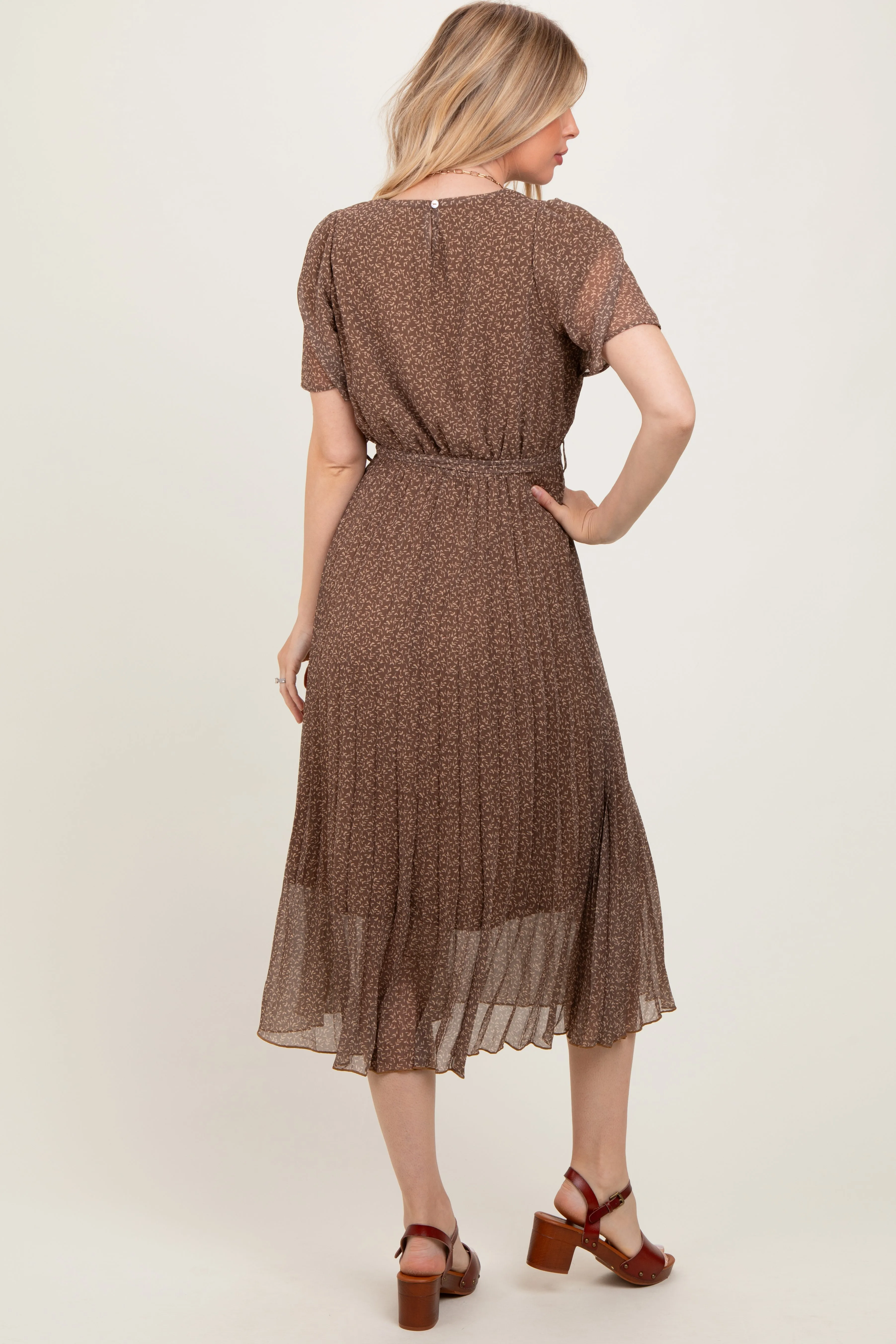 Mocha Leaf Print Pleated Midi Dress sold by Pinkblush product image thumbnail 3