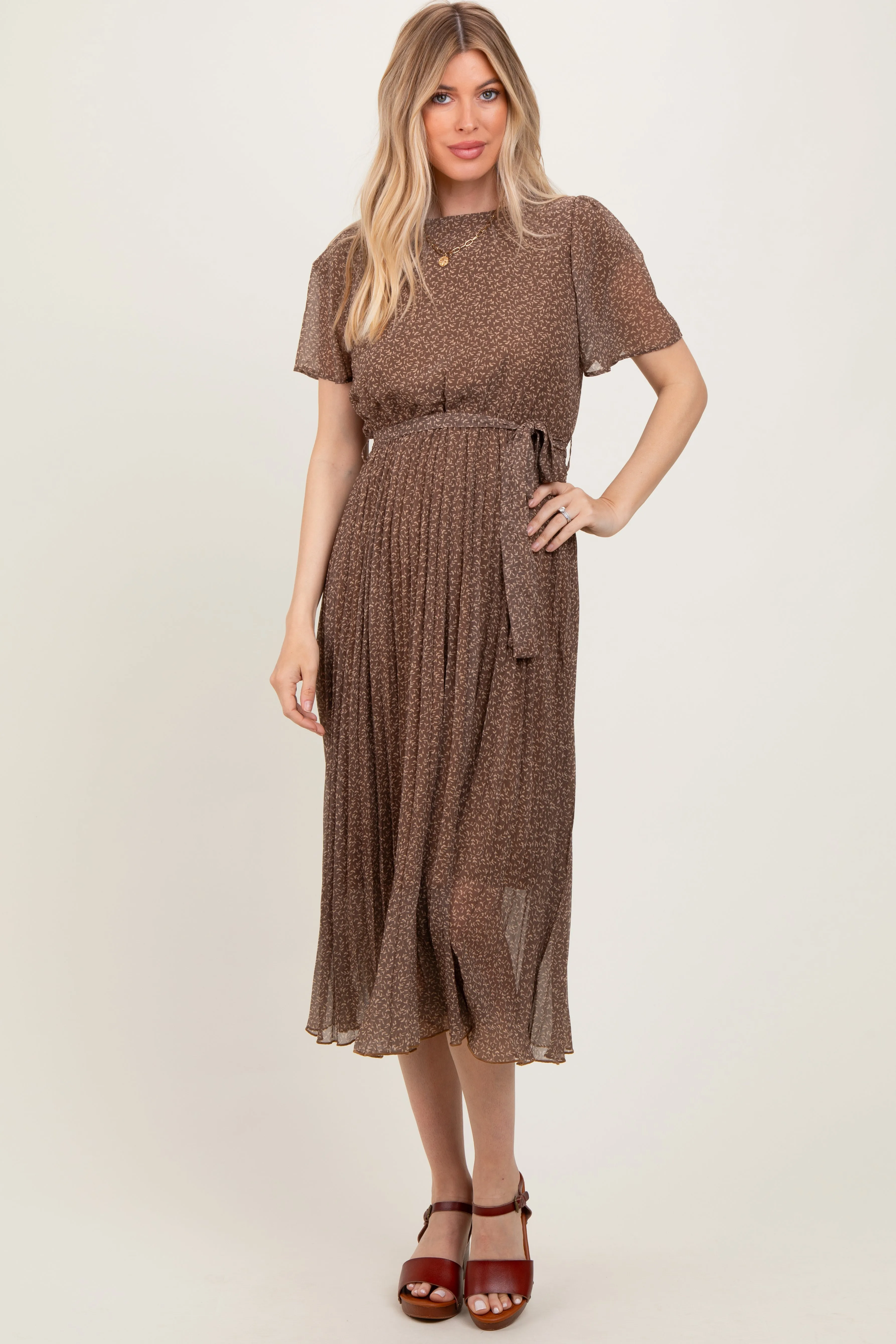 Mocha Leaf Print Pleated Midi Dress sold by Pinkblush