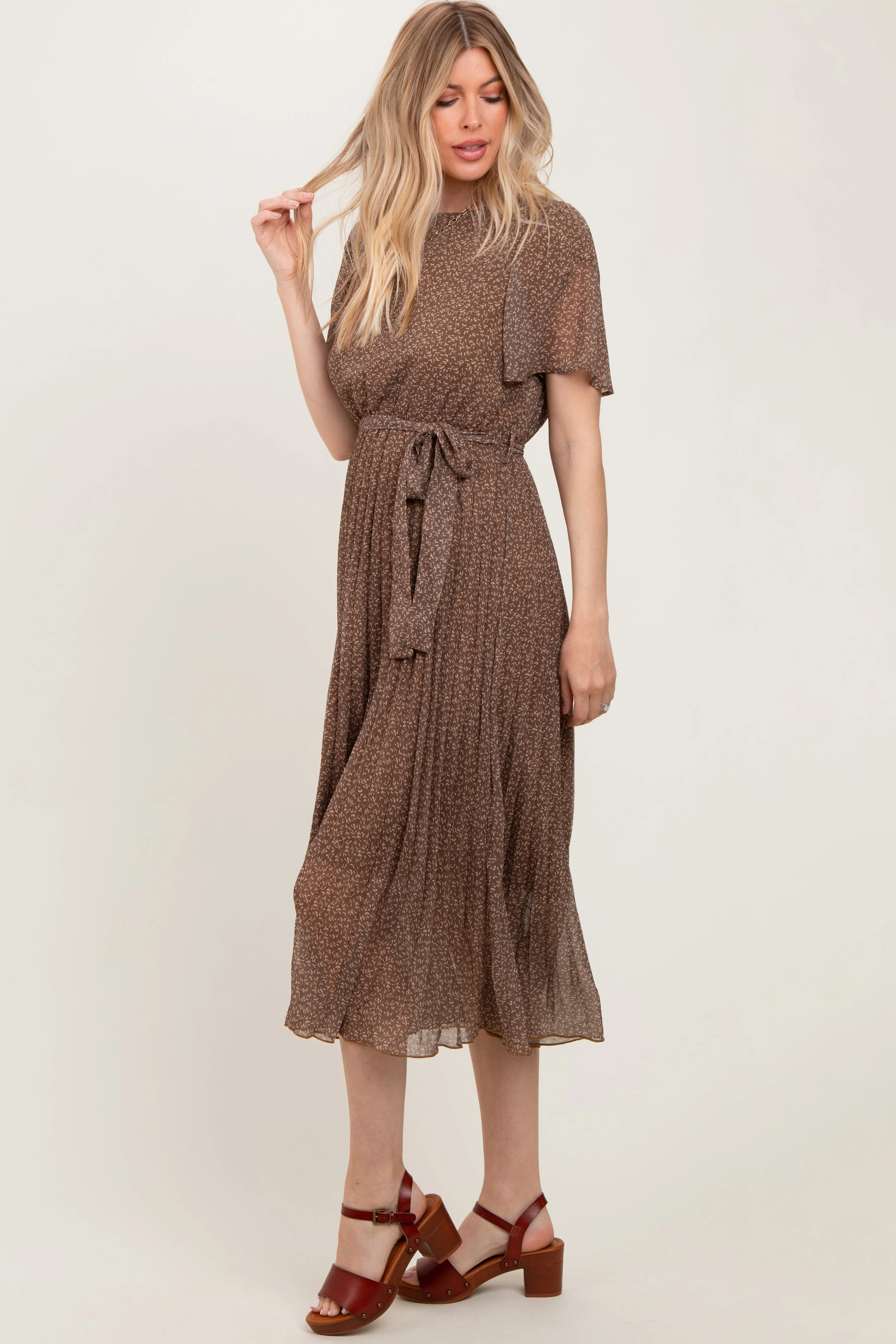 Mocha Leaf Print Pleated Midi Dress sold by Pinkblush product image thumbnail 2