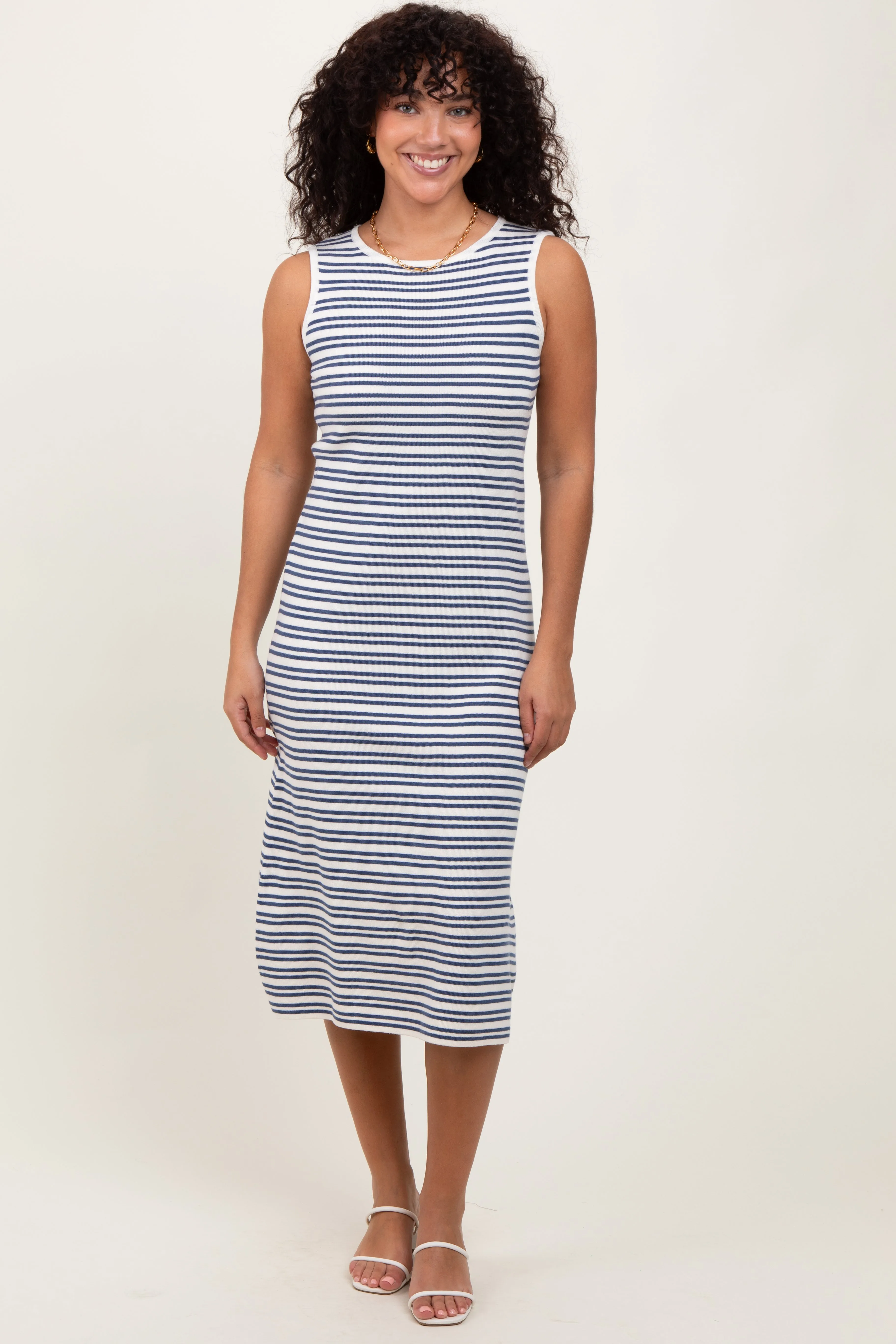 Navy Striped Knit Sleeveless Maternity Midi Dress sold by Pinkblush product image thumbnail 5