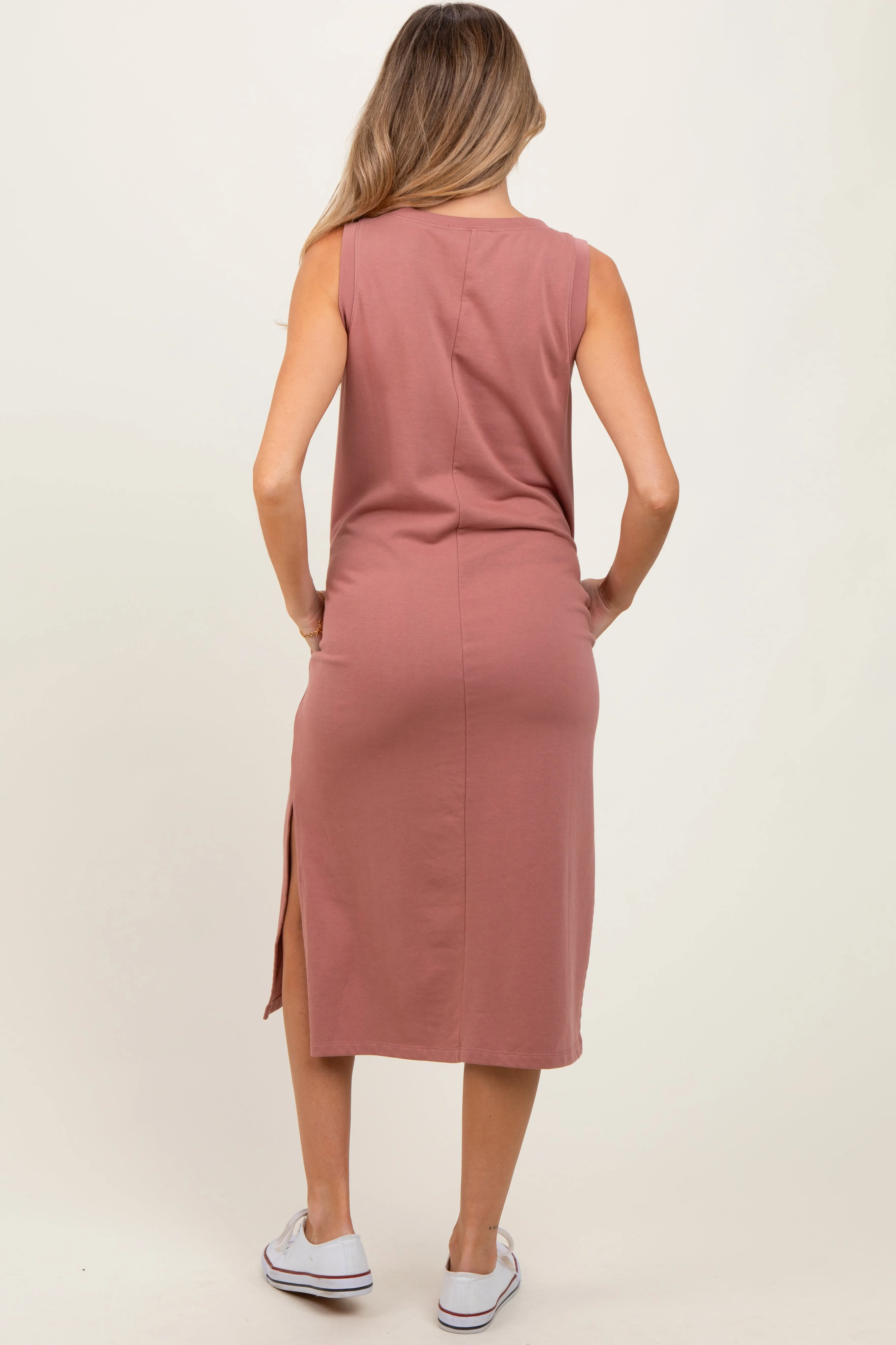 Rust V-Neck Sleeveless Side Slit Maternity Midi Dress sold by Pinkblush product image thumbnail 3