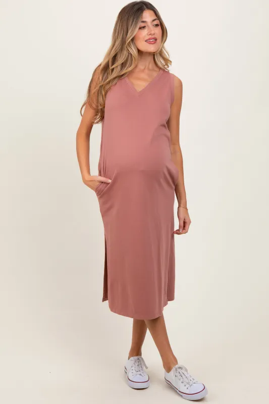Rust V-Neck Sleeveless Side Slit Maternity Midi Dress sold by Pinkblush