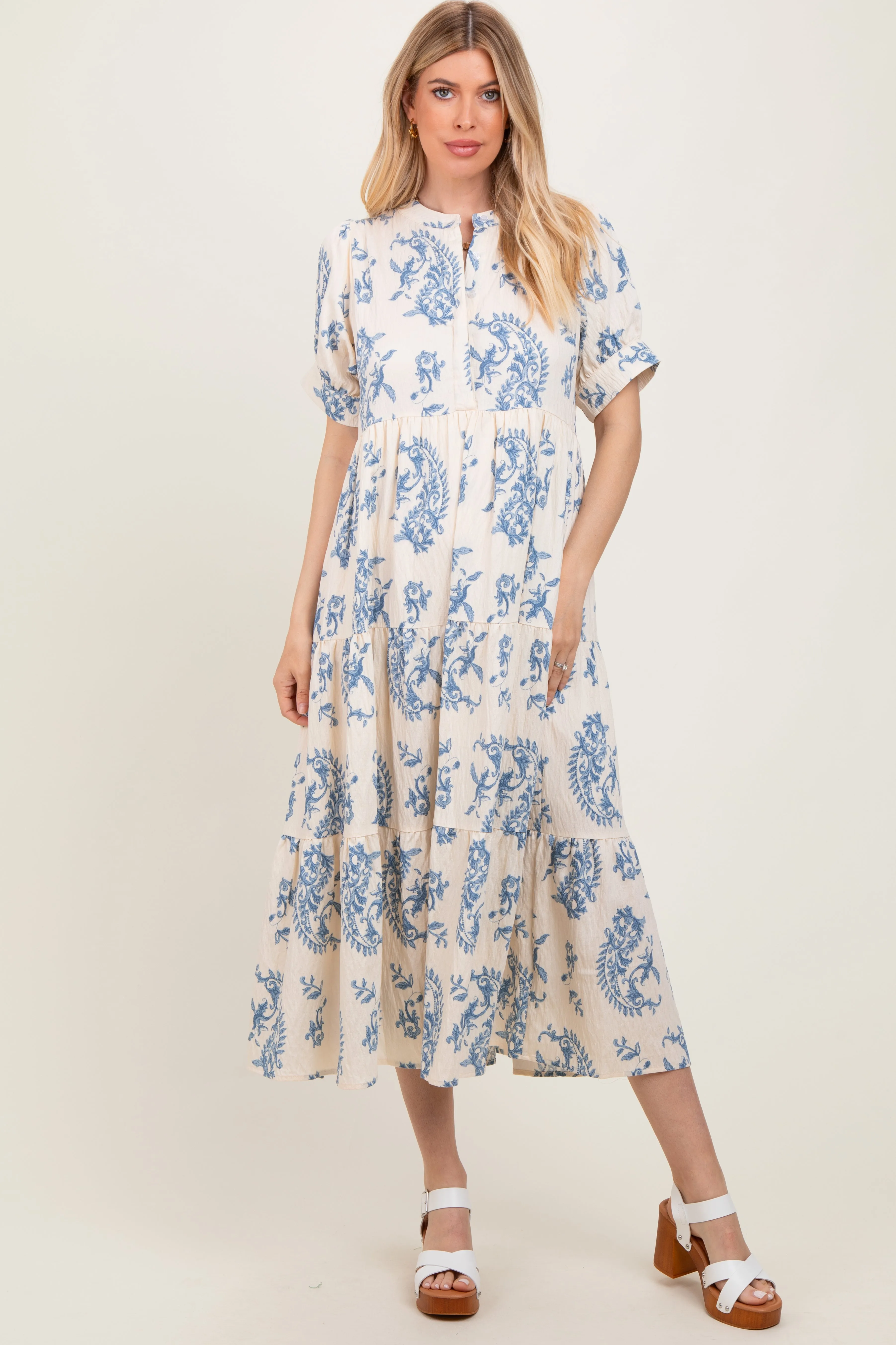 Blue Paisley Button Up Tiered Maxi Dress sold by Pinkblush