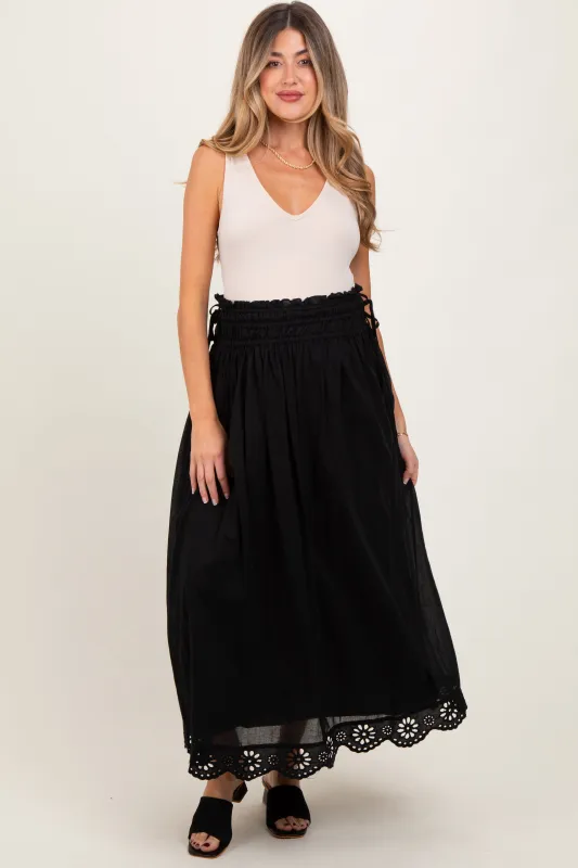 Black Smocked Waist Eyelet Lace Hem Maternity Maxi Skirt sold by Pinkblush