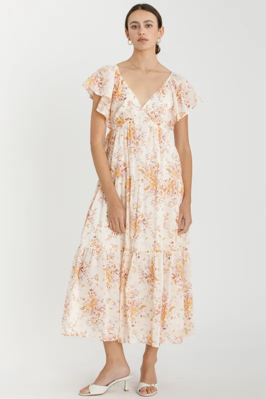 Peach Floral Flutter Sleeve Tiered Maxi Dress sold by Pinkblush