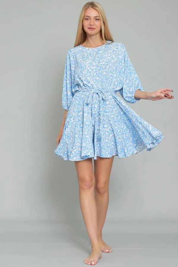 Sky Blue White Dolman Sleeve Braid Belted Ruffle Hem Mini Dress sold by Pinkblush product image thumbnail 4