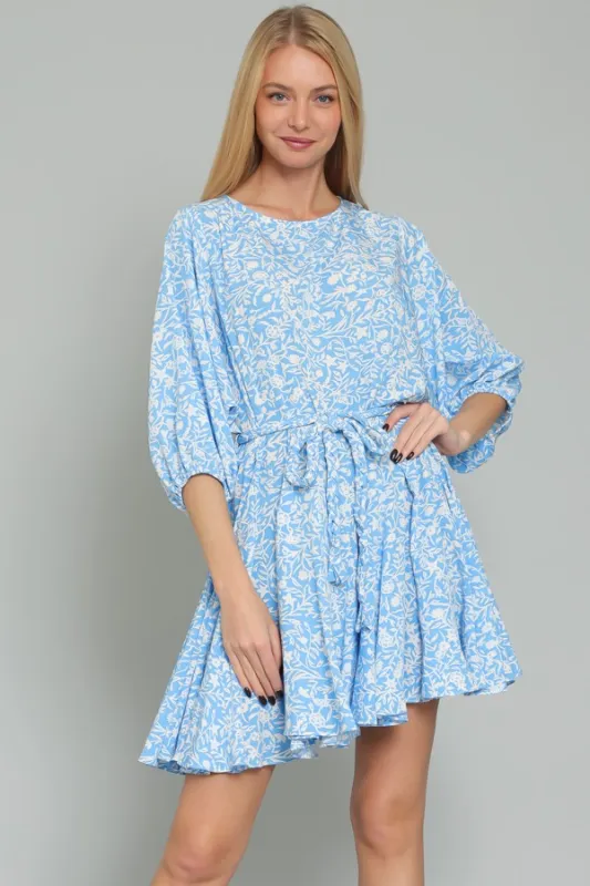 Sky Blue White Dolman Sleeve Braid Belted Ruffle Hem Mini Dress sold by Pinkblush