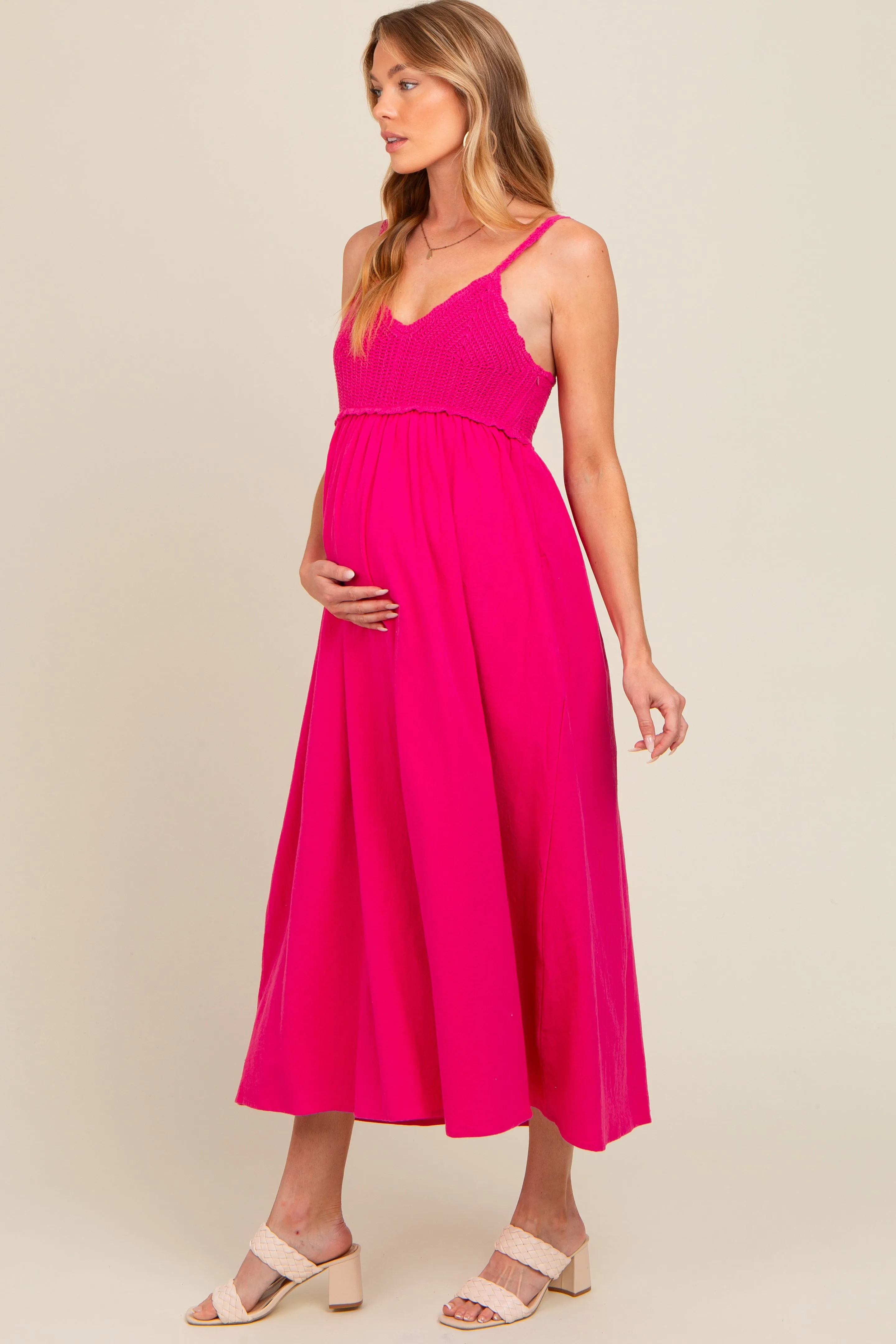 Fuchsia V-Neck Crochet Top Maternity Midi Dress sold by Pinkblush product image thumbnail 3