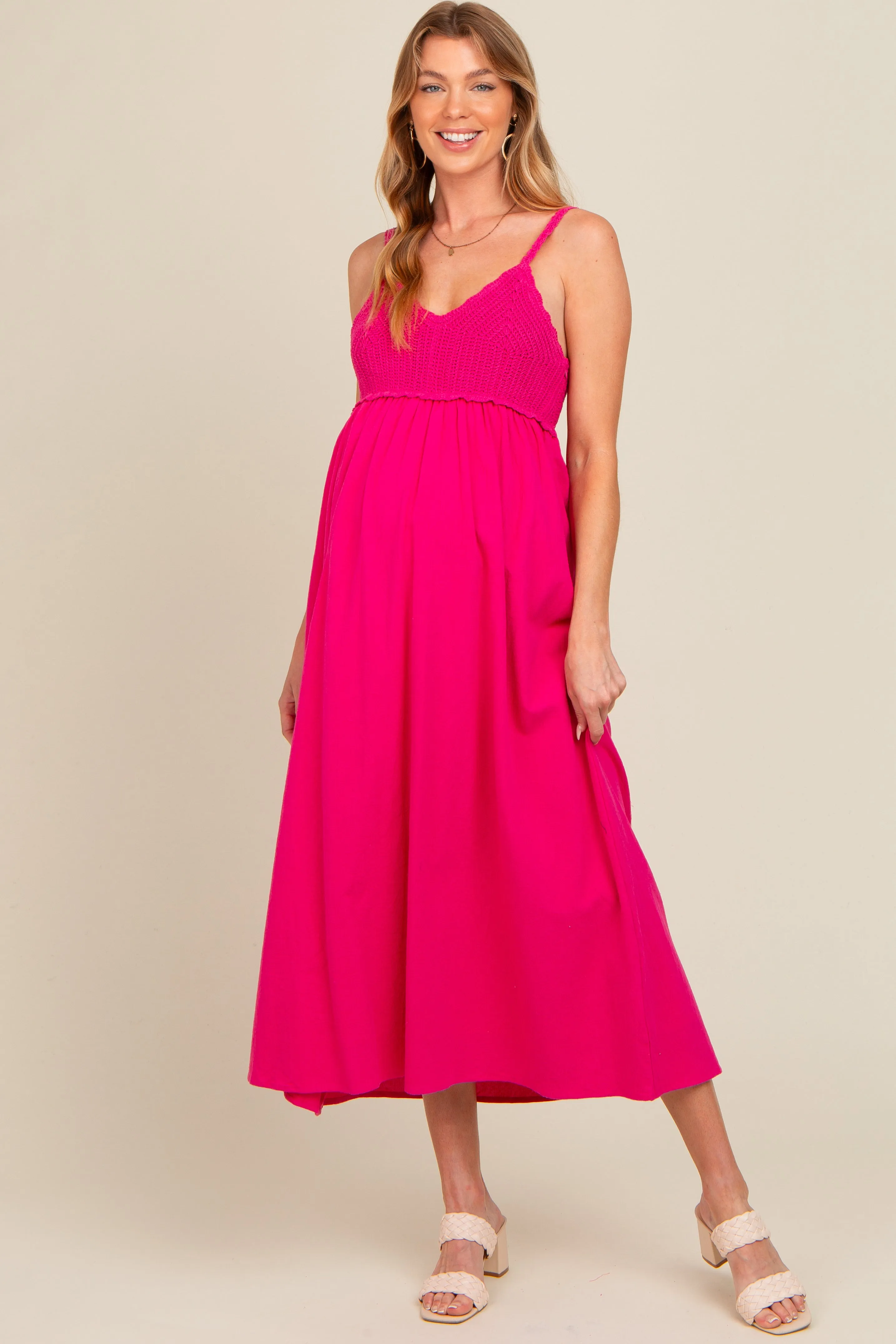 Fuchsia V-Neck Crochet Top Maternity Midi Dress sold by Pinkblush