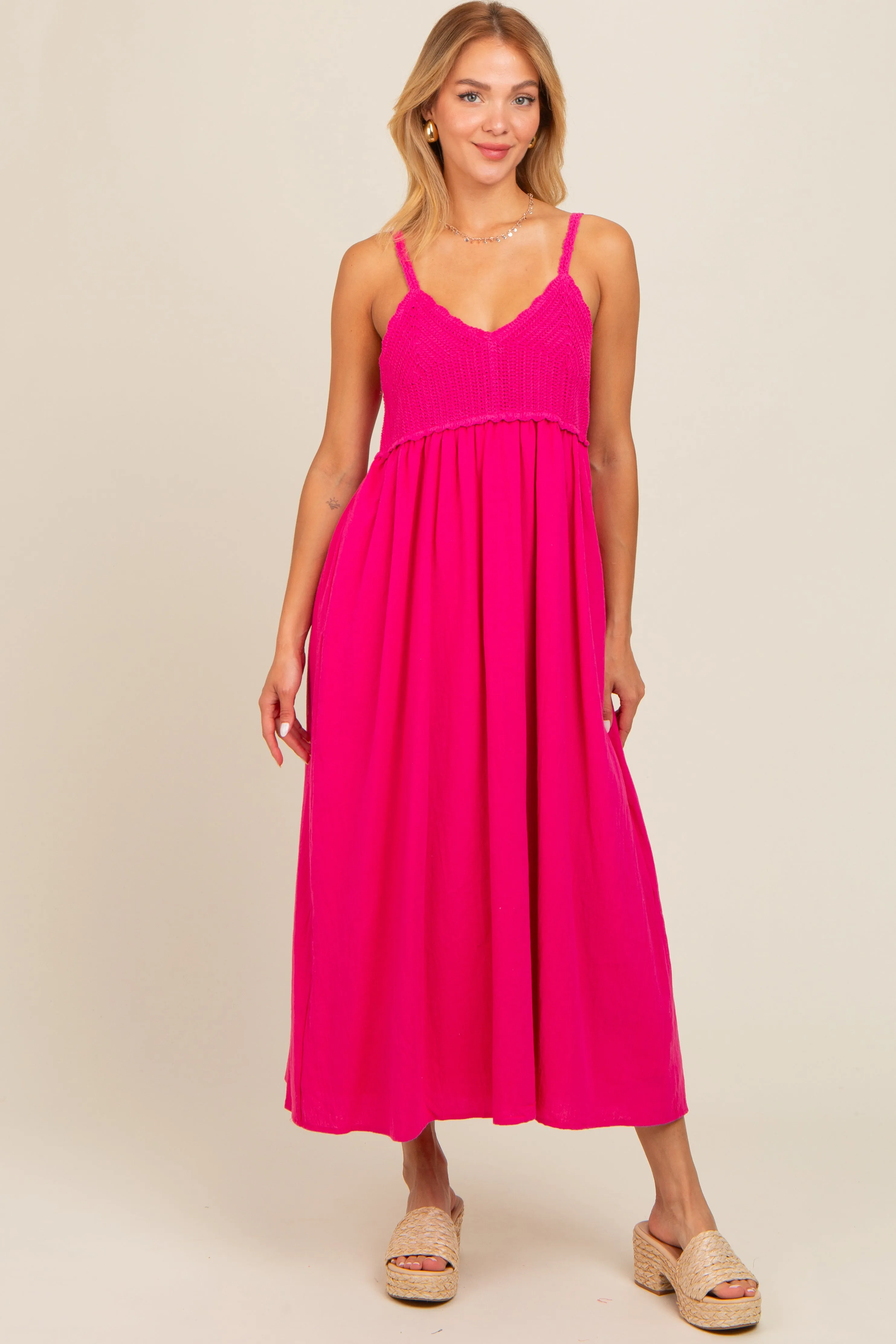 Fuchsia V-Neck Crochet Top Maternity Midi Dress sold by Pinkblush product image thumbnail 5