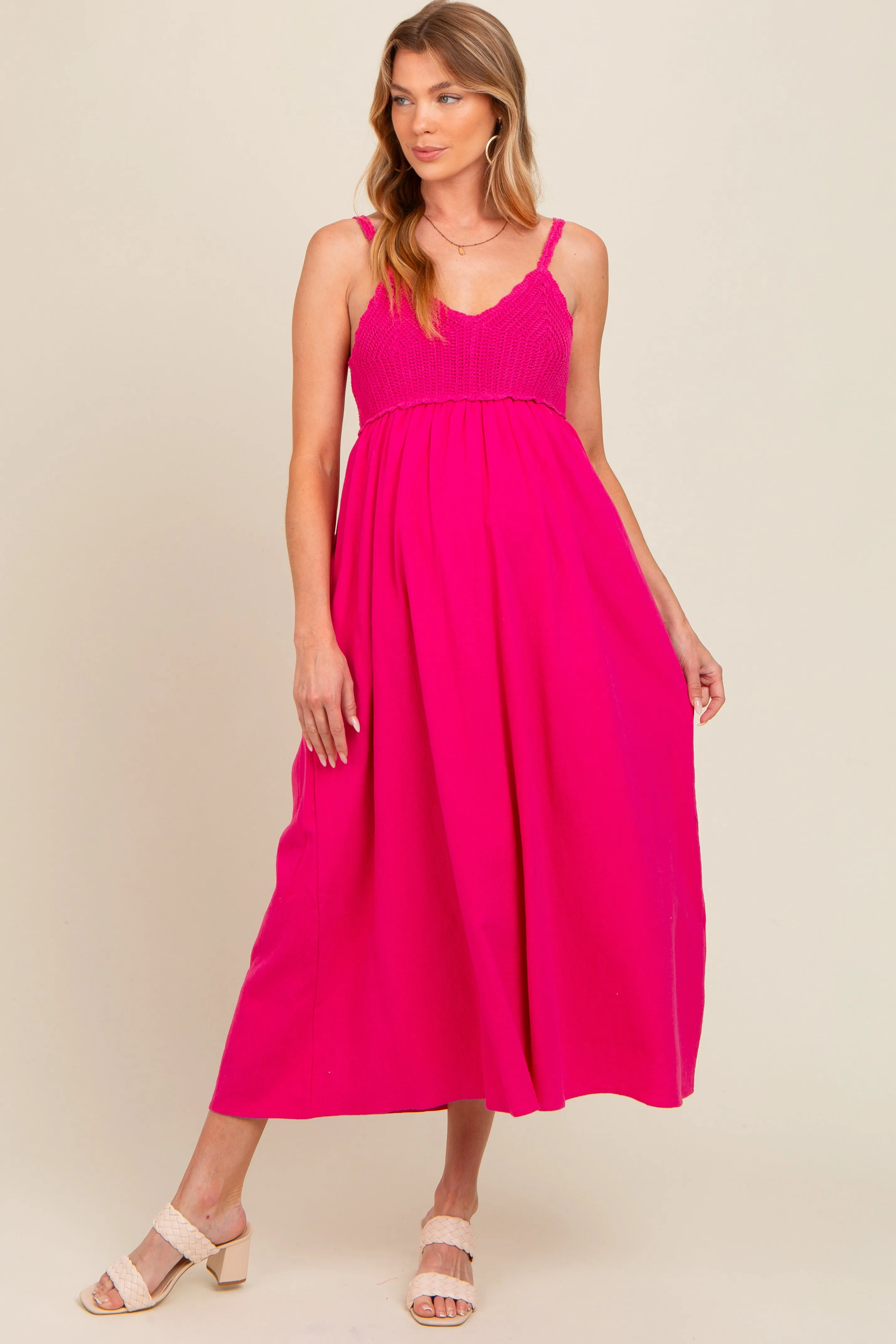 Fuchsia V-Neck Crochet Top Maternity Midi Dress sold by Pinkblush product image thumbnail 2