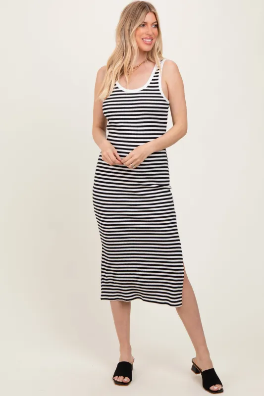 White Striped Ribbed Side Slit Sleeveless Midi Dress sold by Pinkblush