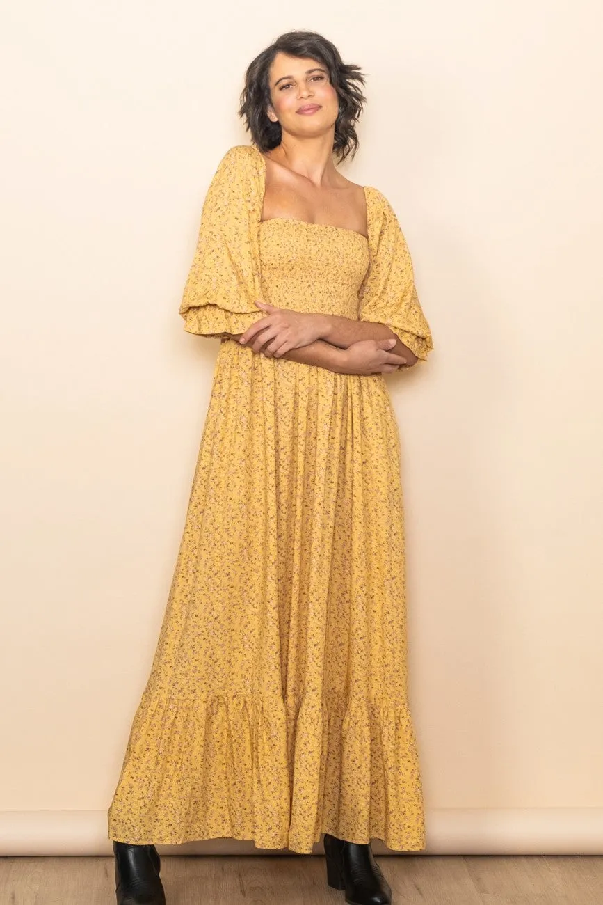 Yellow Floral Smocked Off Shoulder Maxi Dress sold by Pinkblush product image thumbnail 3
