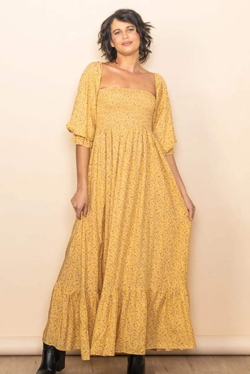 Yellow Floral Smocked Off Shoulder Maxi Dress sold by Pinkblush