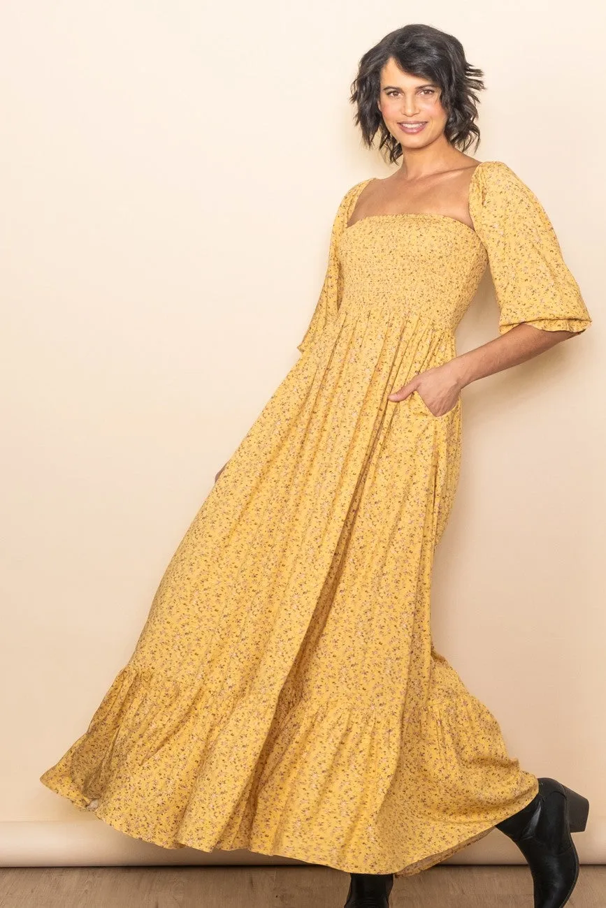 Yellow Floral Smocked Off Shoulder Maxi Dress sold by Pinkblush product image thumbnail 2