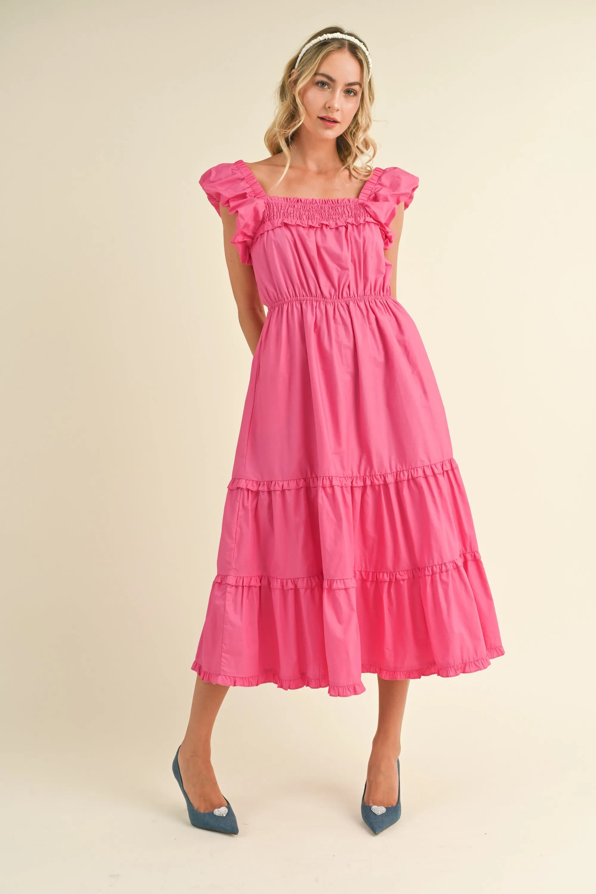 Pink Bubble Sleeve Tiered Ruffle Midi Dress sold by Pinkblush