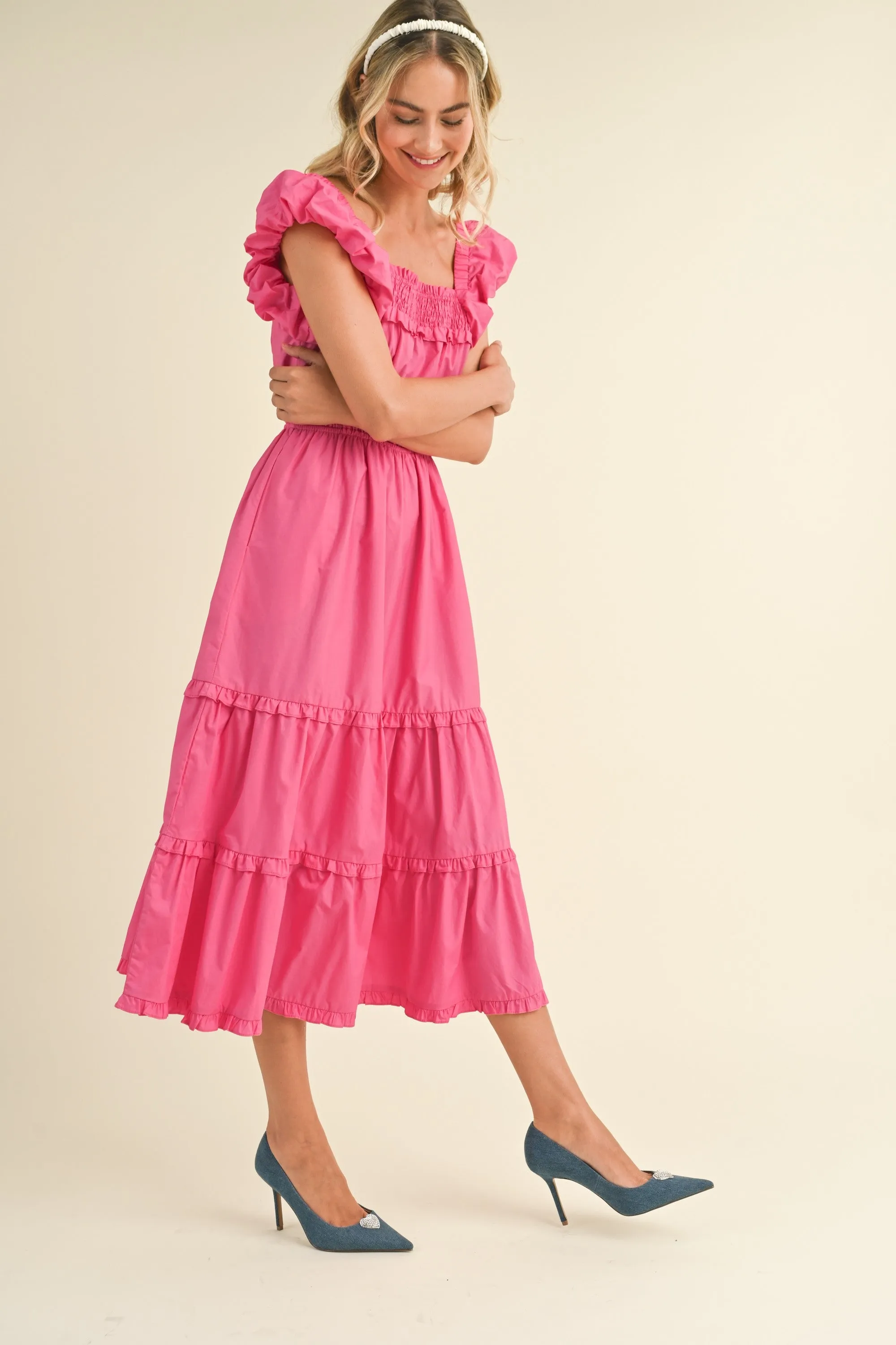Pink Bubble Sleeve Tiered Ruffle Midi Dress sold by Pinkblush product image thumbnail 2