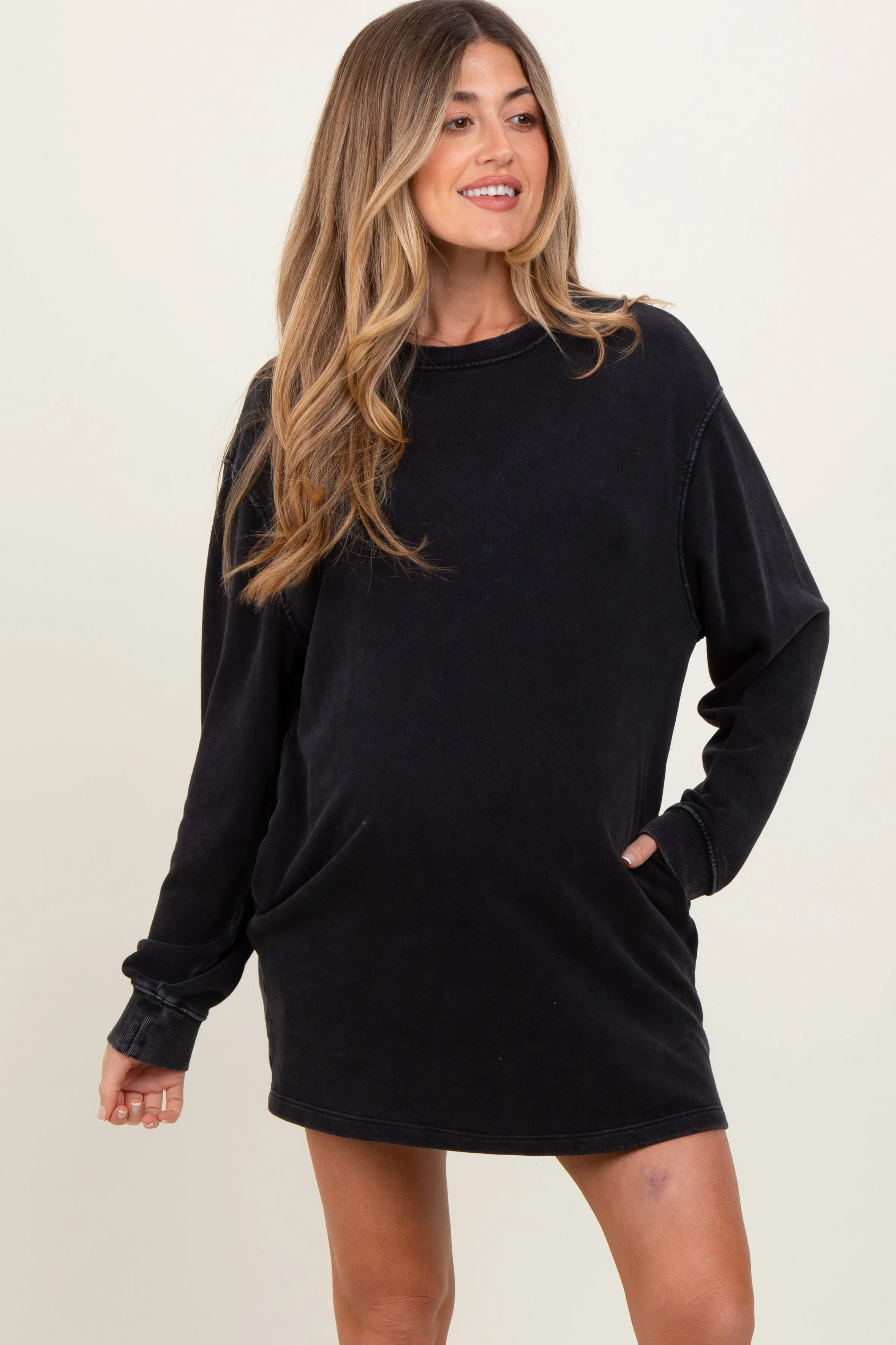 Black Long Sleeve Oversized Sweatshirt Maternity Mini Dress sold by Pinkblush