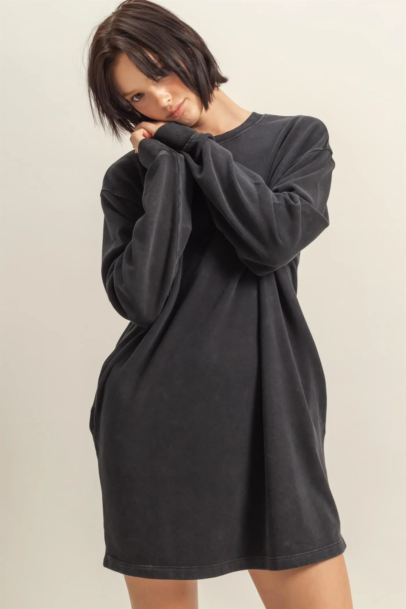Black Long Sleeve Oversized Sweatshirt Maternity Mini Dress sold by Pinkblush product image thumbnail 5