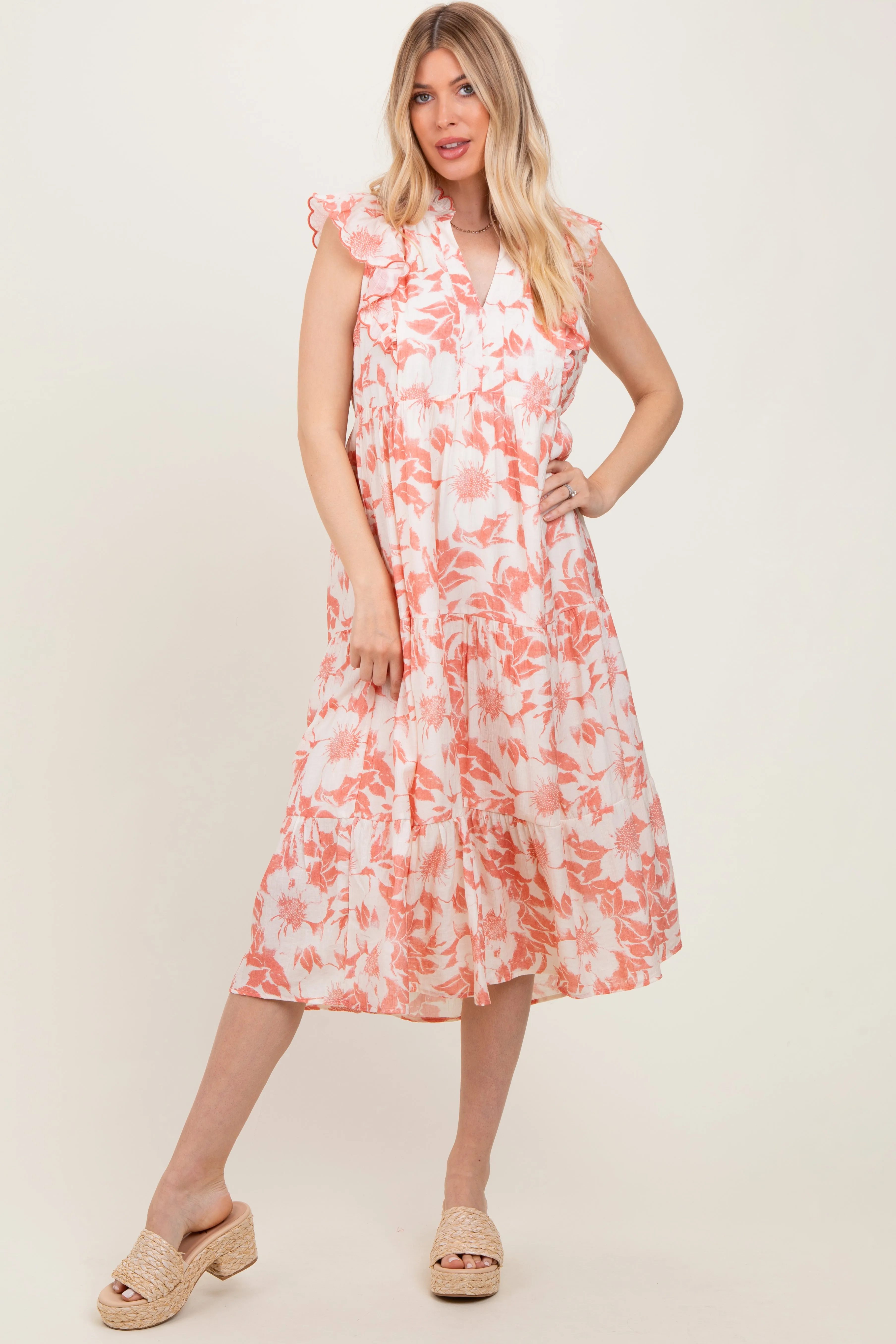 Rust Floral Scallop Hem Tiered Midi Dress sold by Pinkblush product image thumbnail 2