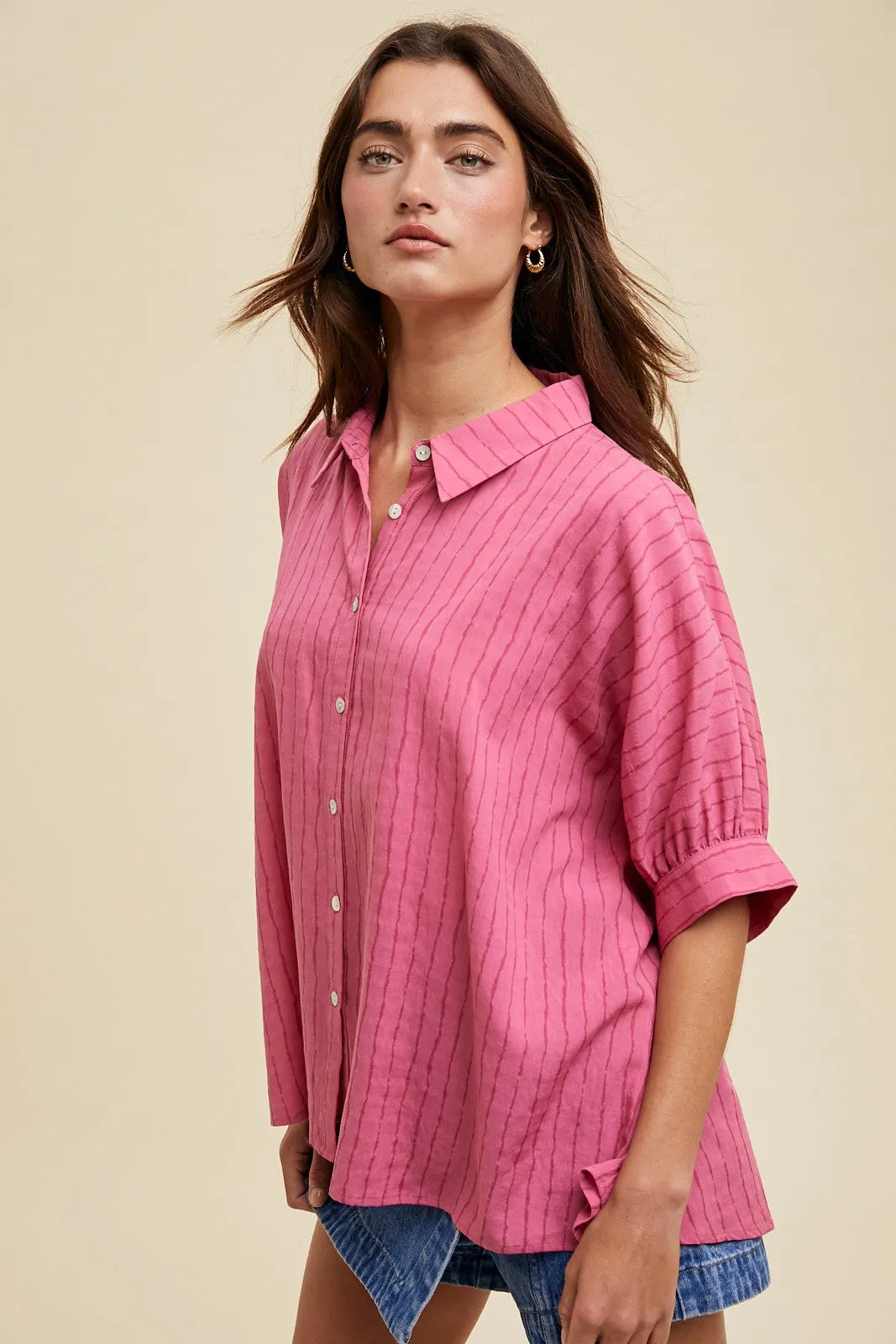 Fuchsia Striped Drop Shoulder Button Down Blouse sold by Pinkblush product image thumbnail 2