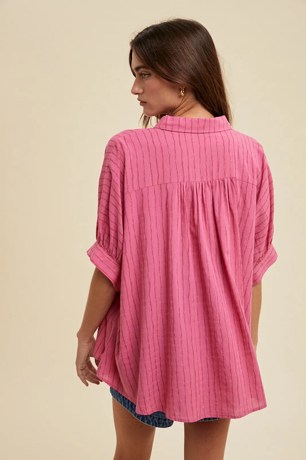 Fuchsia Striped Drop Shoulder Button Down Blouse sold by Pinkblush product image thumbnail 3