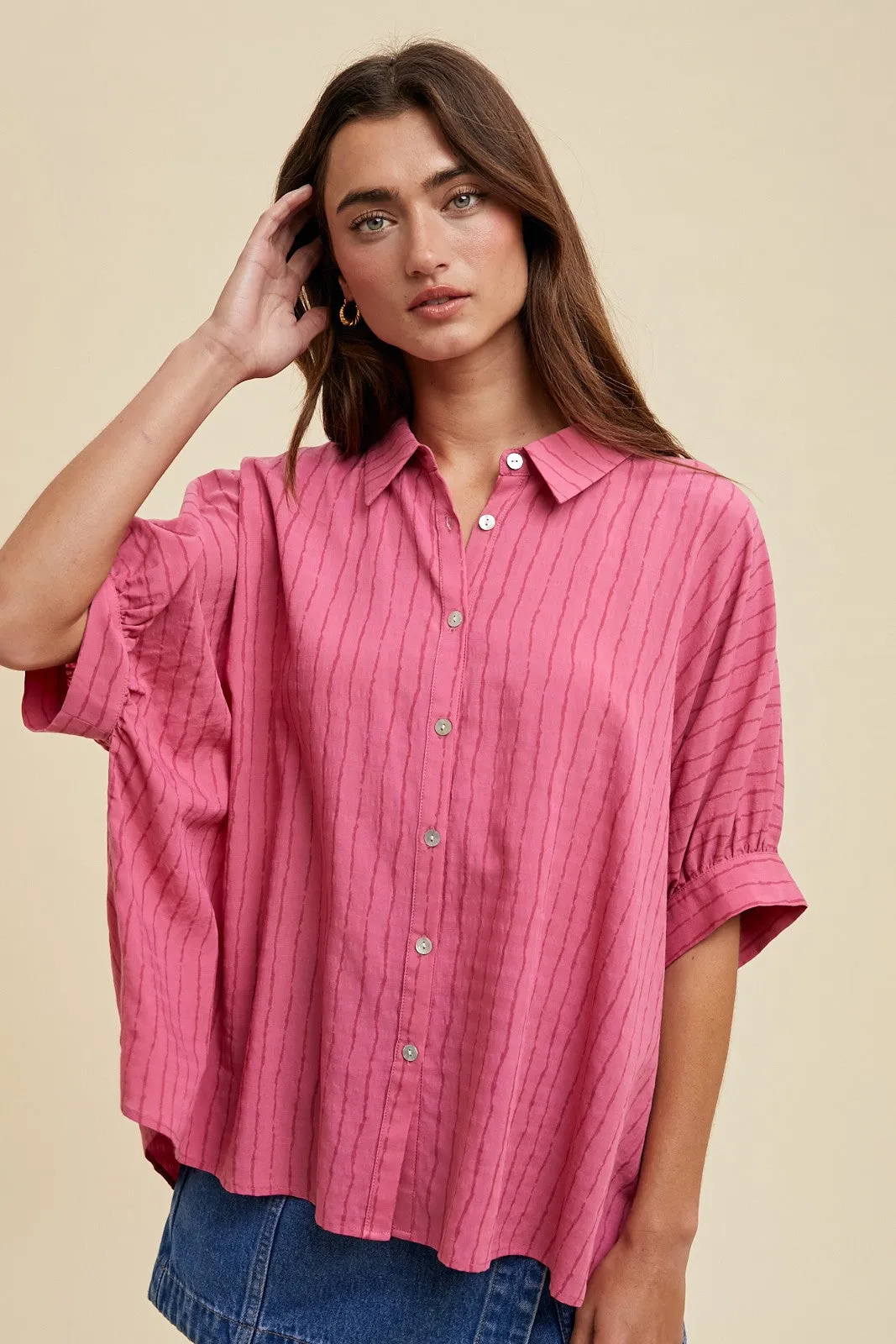 Fuchsia Striped Drop Shoulder Button Down Blouse sold by Pinkblush