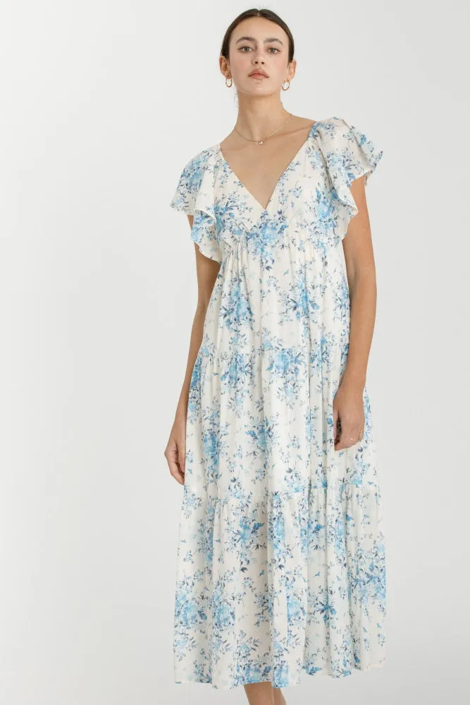 Light Blue Floral Flutter Sleeve Tiered Maxi Dress sold by Pinkblush product image thumbnail 5