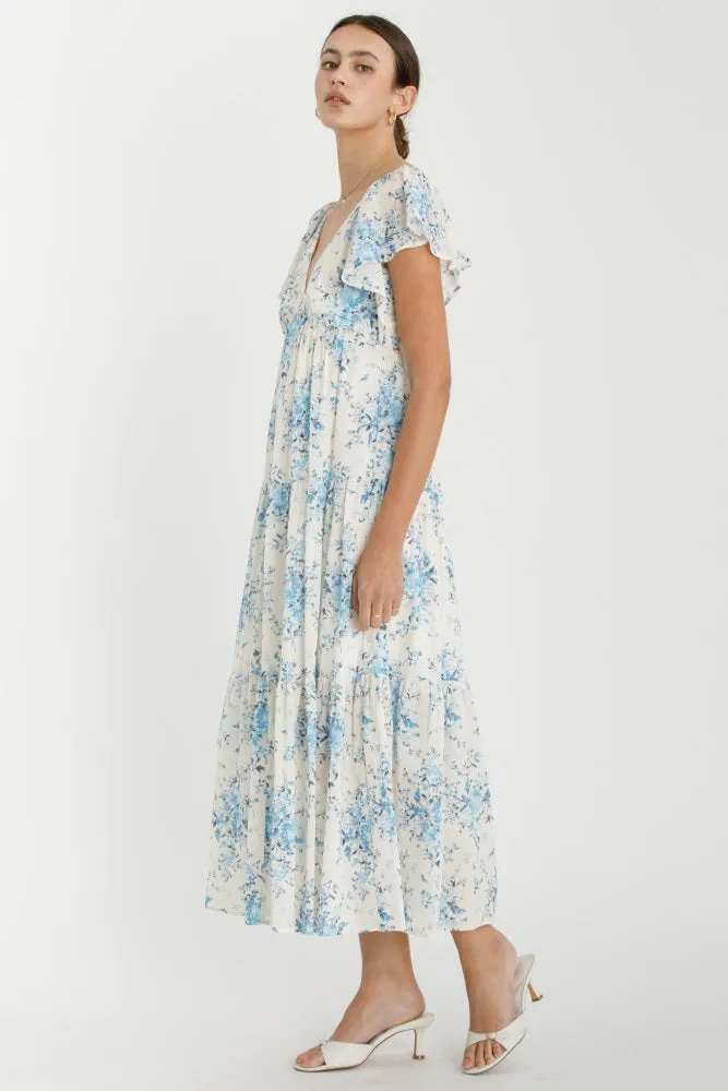 Light Blue Floral Flutter Sleeve Tiered Maxi Dress sold by Pinkblush product image thumbnail 2