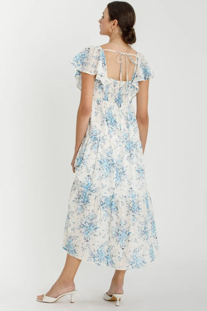 Light Blue Floral Flutter Sleeve Tiered Maxi Dress sold by Pinkblush product image thumbnail 3