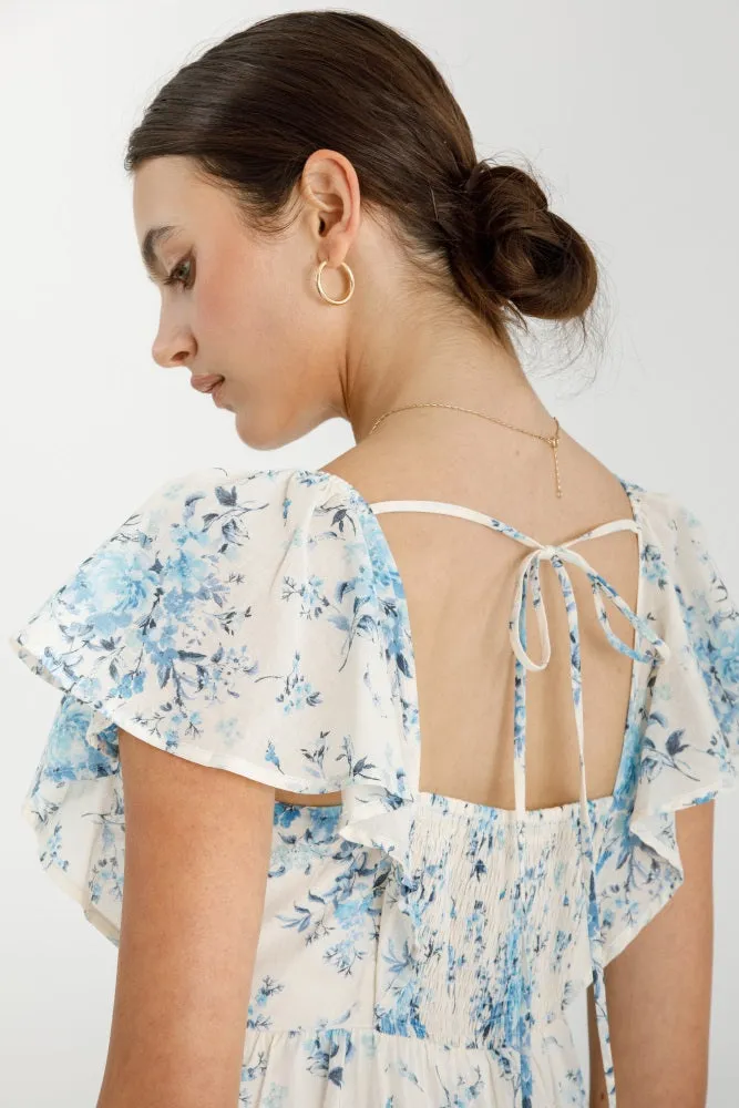 Light Blue Floral Flutter Sleeve Tiered Maxi Dress sold by Pinkblush product image thumbnail 4